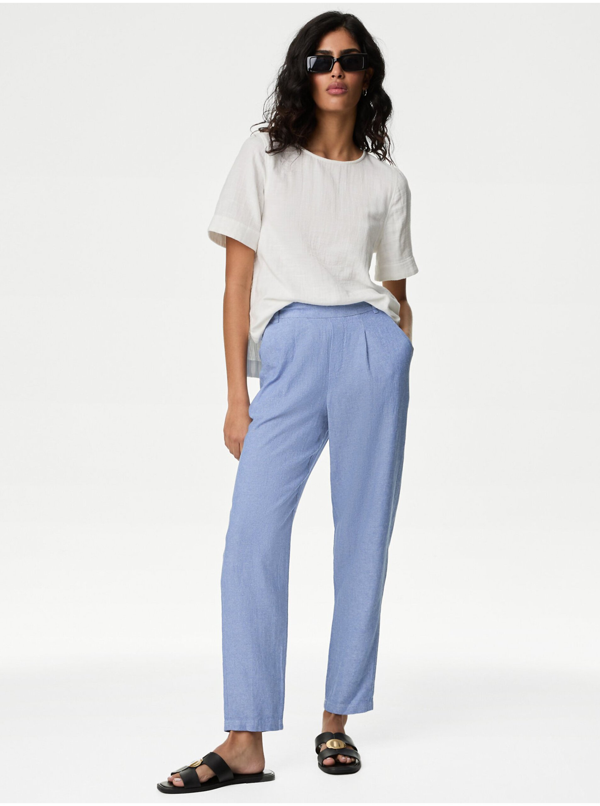 Levně Modré dámské lněné kalhoty Marks & Spencer
