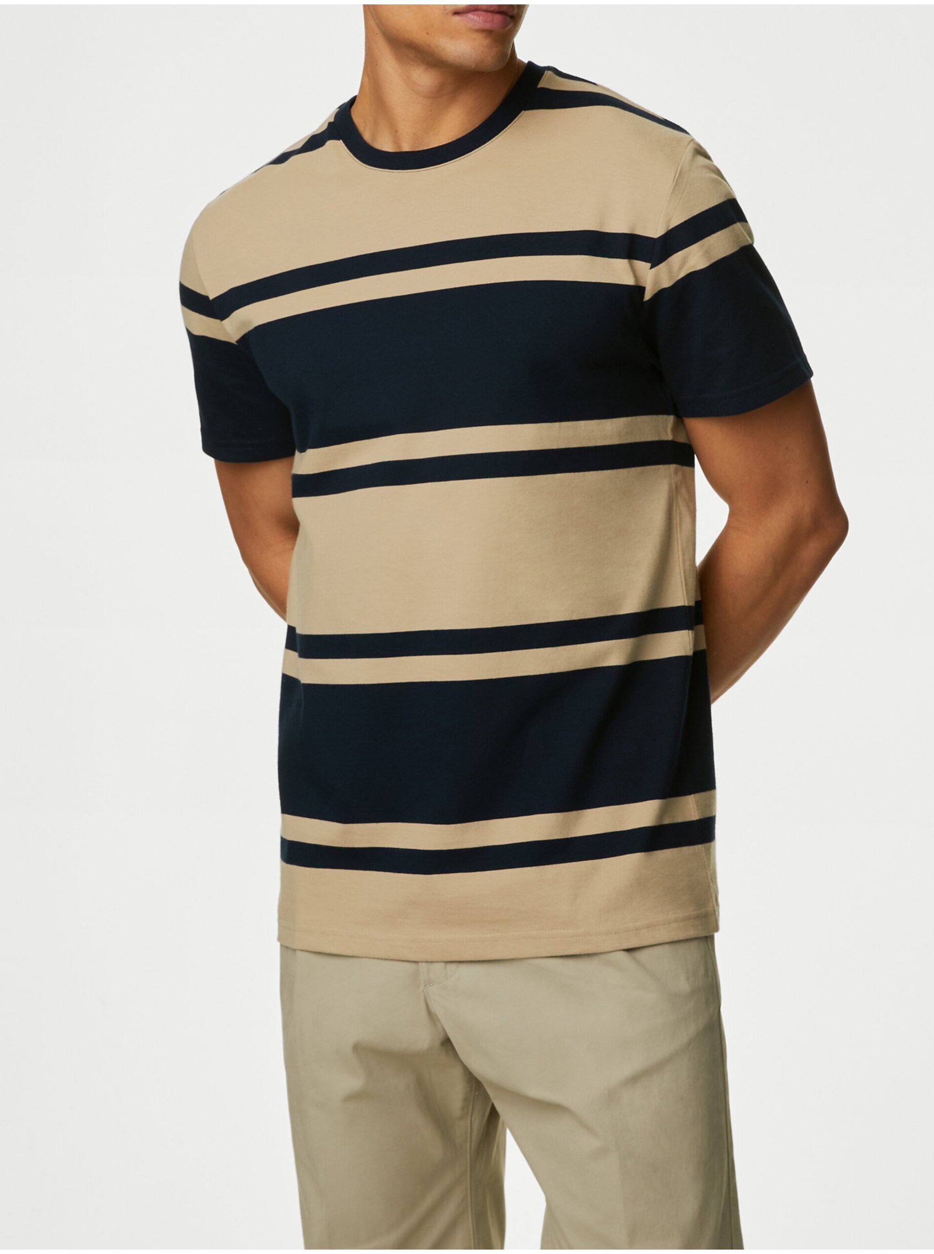 Lacno Béžovo-modré pánske pruhované tričko Marks & Spencer
