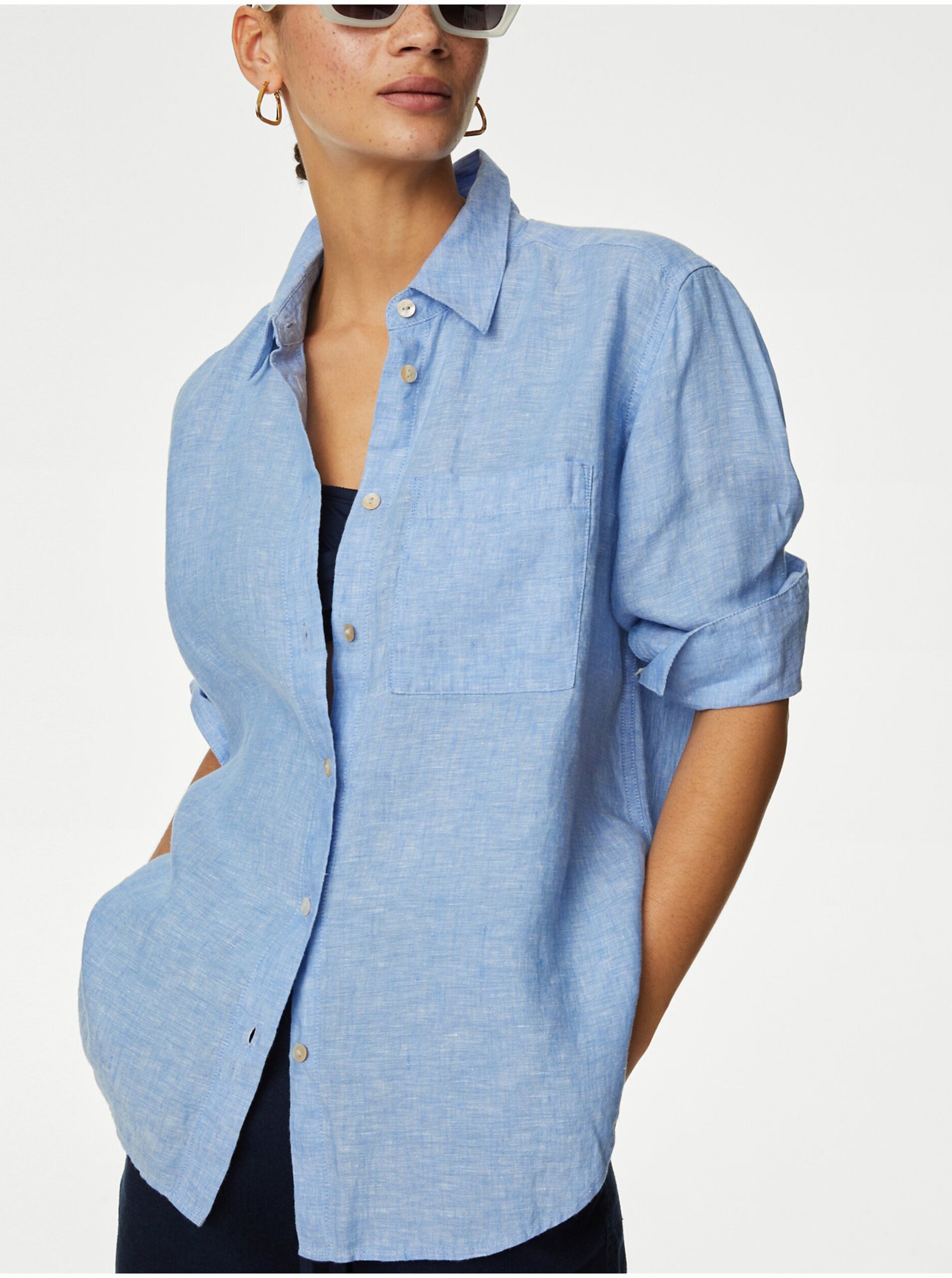 Levně Modrá dámská lněná košile Marks & Spencer