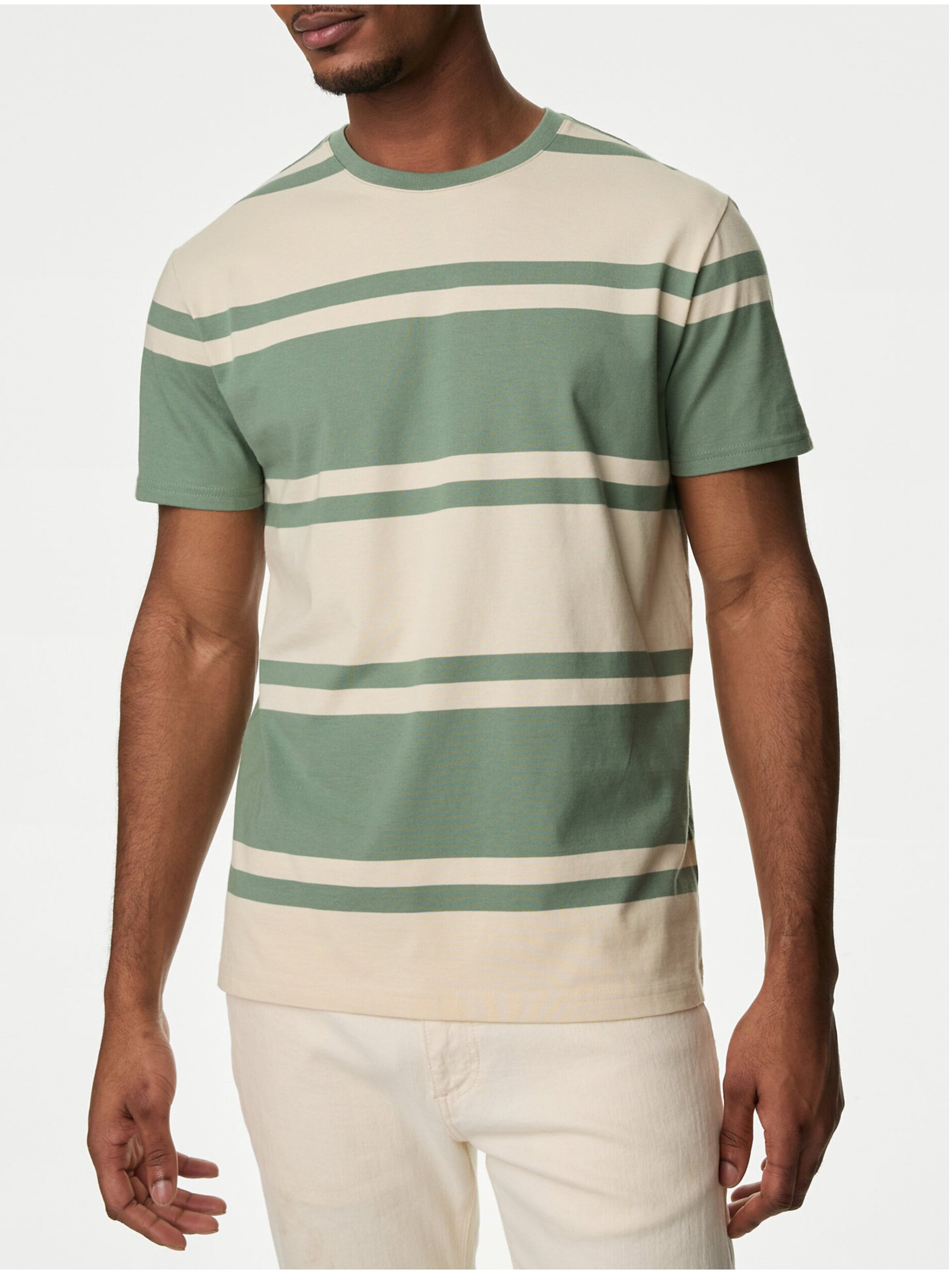 Levně Zeleno-krémové pánské pruhované tričko Marks & Spencer