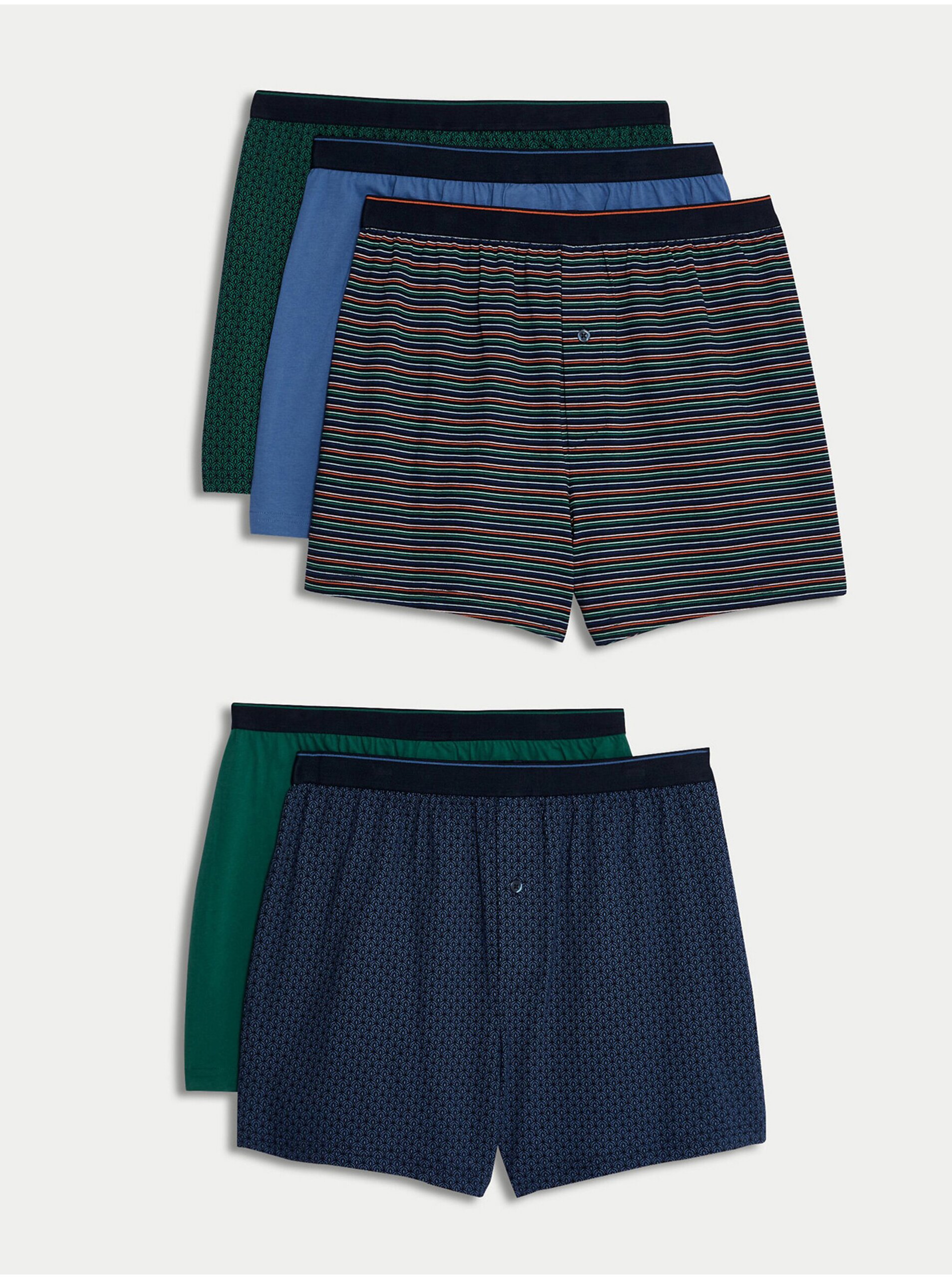 Levně Sada pěti pánských vzorovaných trenýrek v zelené a modré barvě Marks & Spencer Cool & Fresh™