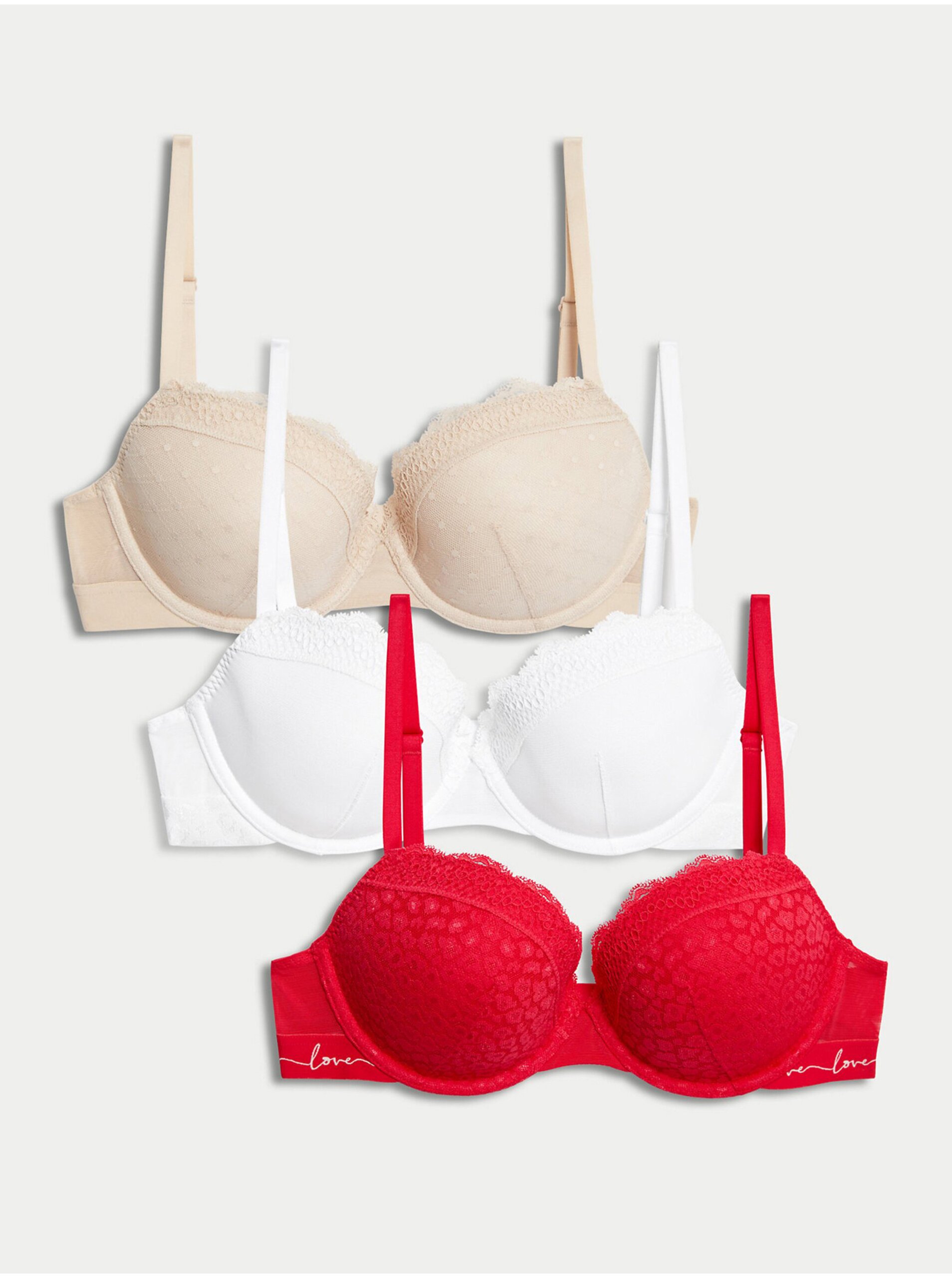 E-shop Sada tří dámských podprsenek v bílé, červené a tělové barvě Marks & Spencer
