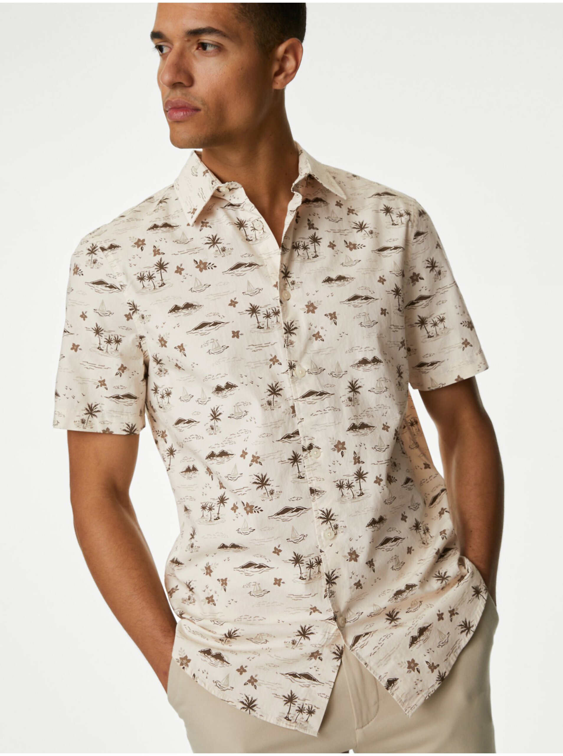 Levně Krémová pánská vzorovaná košile Marks & Spencer