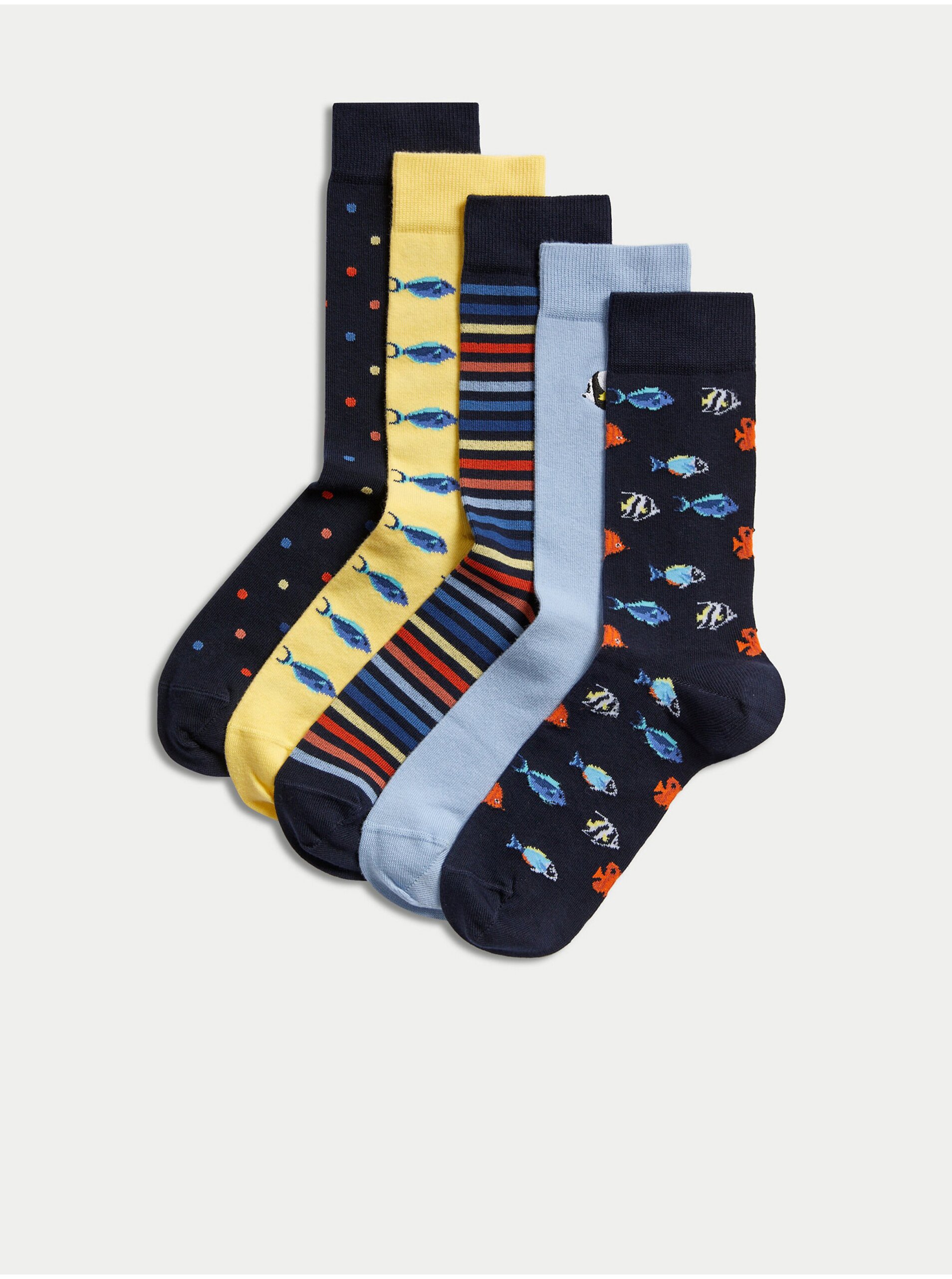 Levně Sada pěti párů pánských vzorovaných ponožek v modré a žluté barvě Marks & Spencer Cool & Fresh™