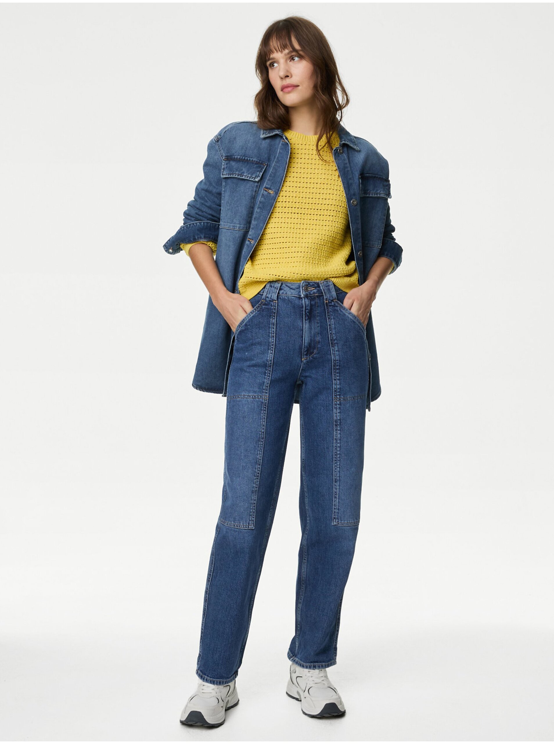 Levně Tmavě modré dámské kapsáčové straight fit džíny Marks & Spencer