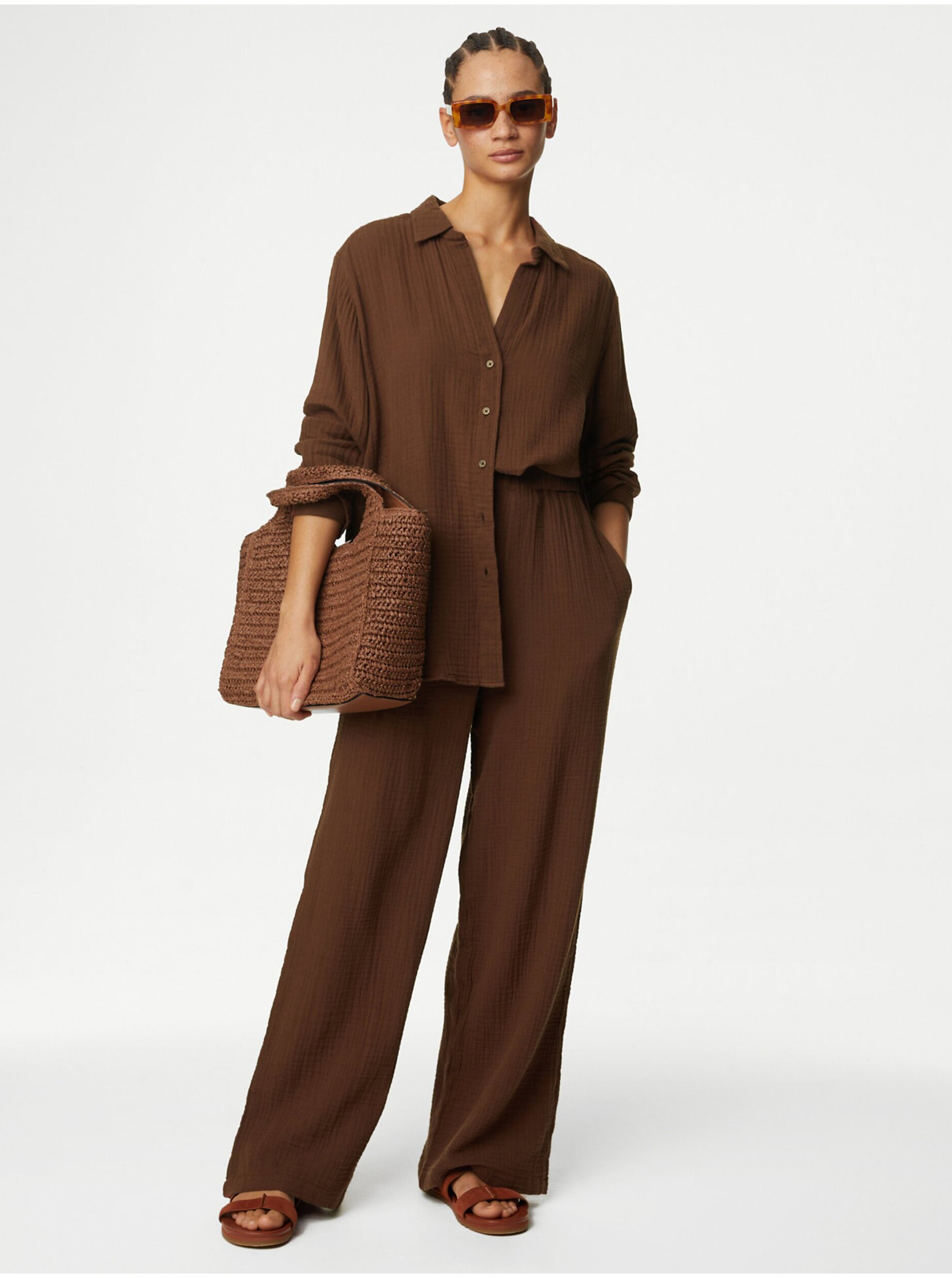 Lacno Hnedé dámske široké nohavice Marks & Spencer