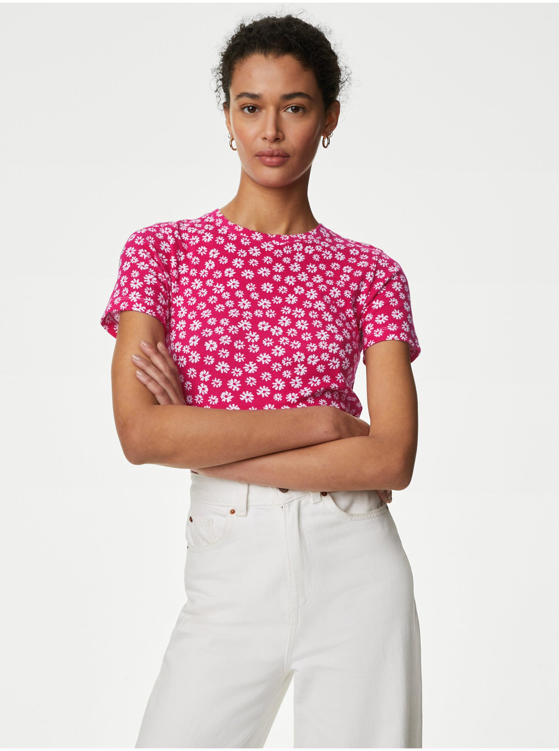 Levně Růžové dámské květované tričko Marks & Spencer