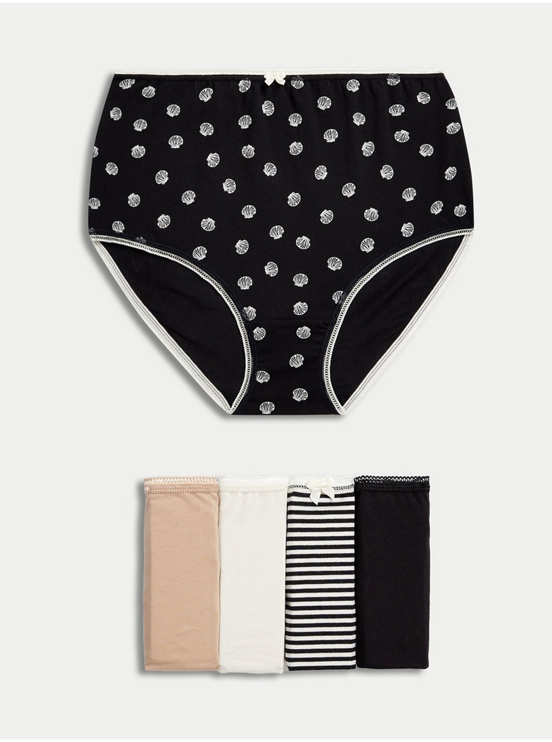 Levně Sada pěti dámských vzorovaných kalhotek v béžové, černé a bílé barvě Marks & Spencer