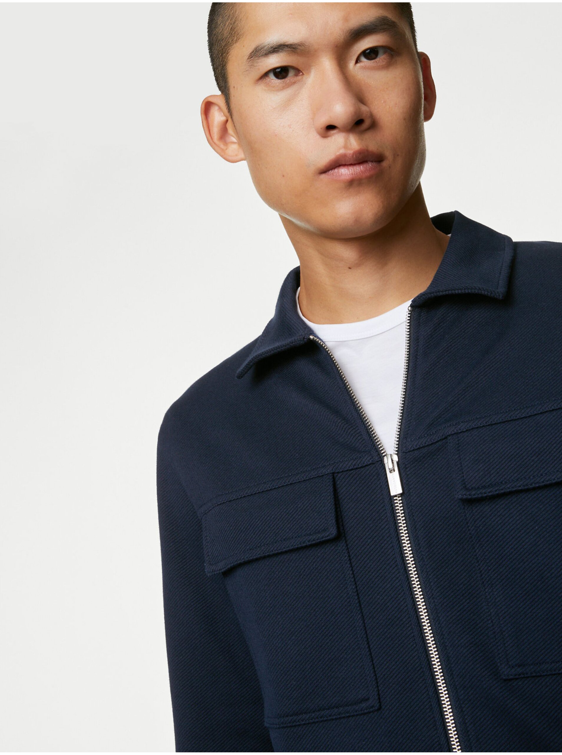 Lacno Tmavomodrá pánska košeľová bunda Marks & Spencer