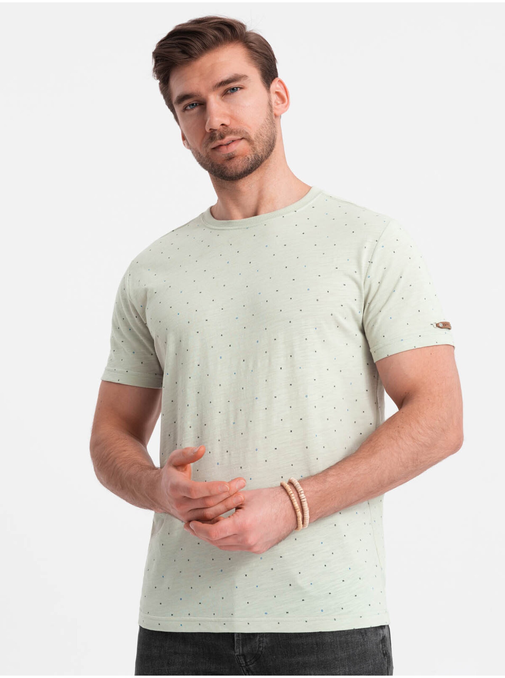 Levně Světle zelené pánské puntíkované tričko Ombre Clothing
