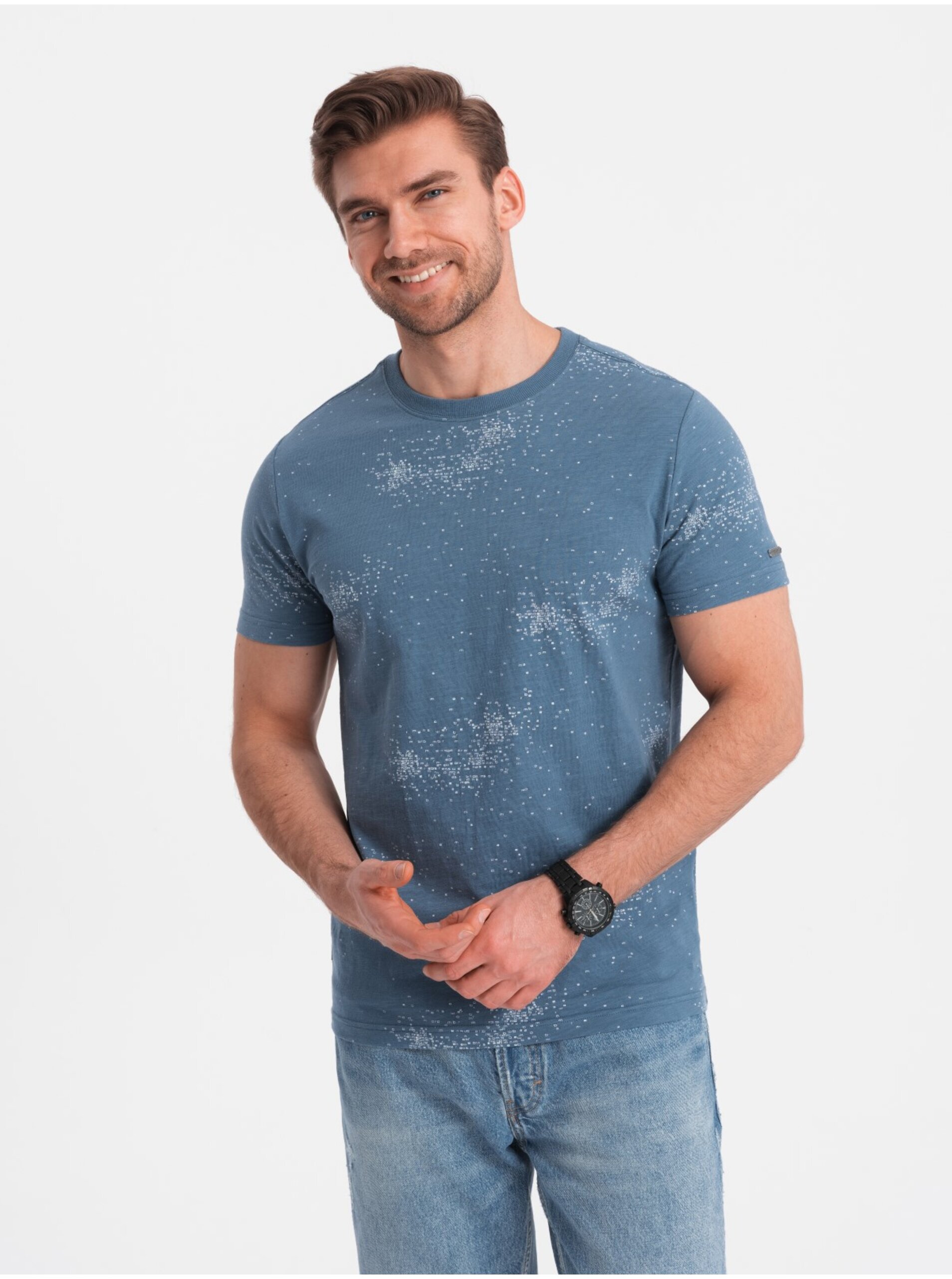 Lacno Modré pánske vzorované tričko Ombre Clothing