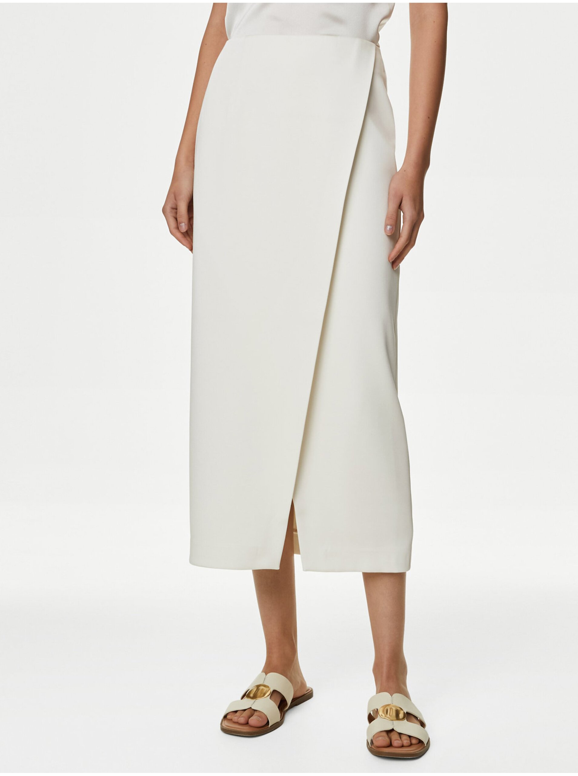 Levně Krémová dámská saténová zavinovací midi sukně Marks & Spencer