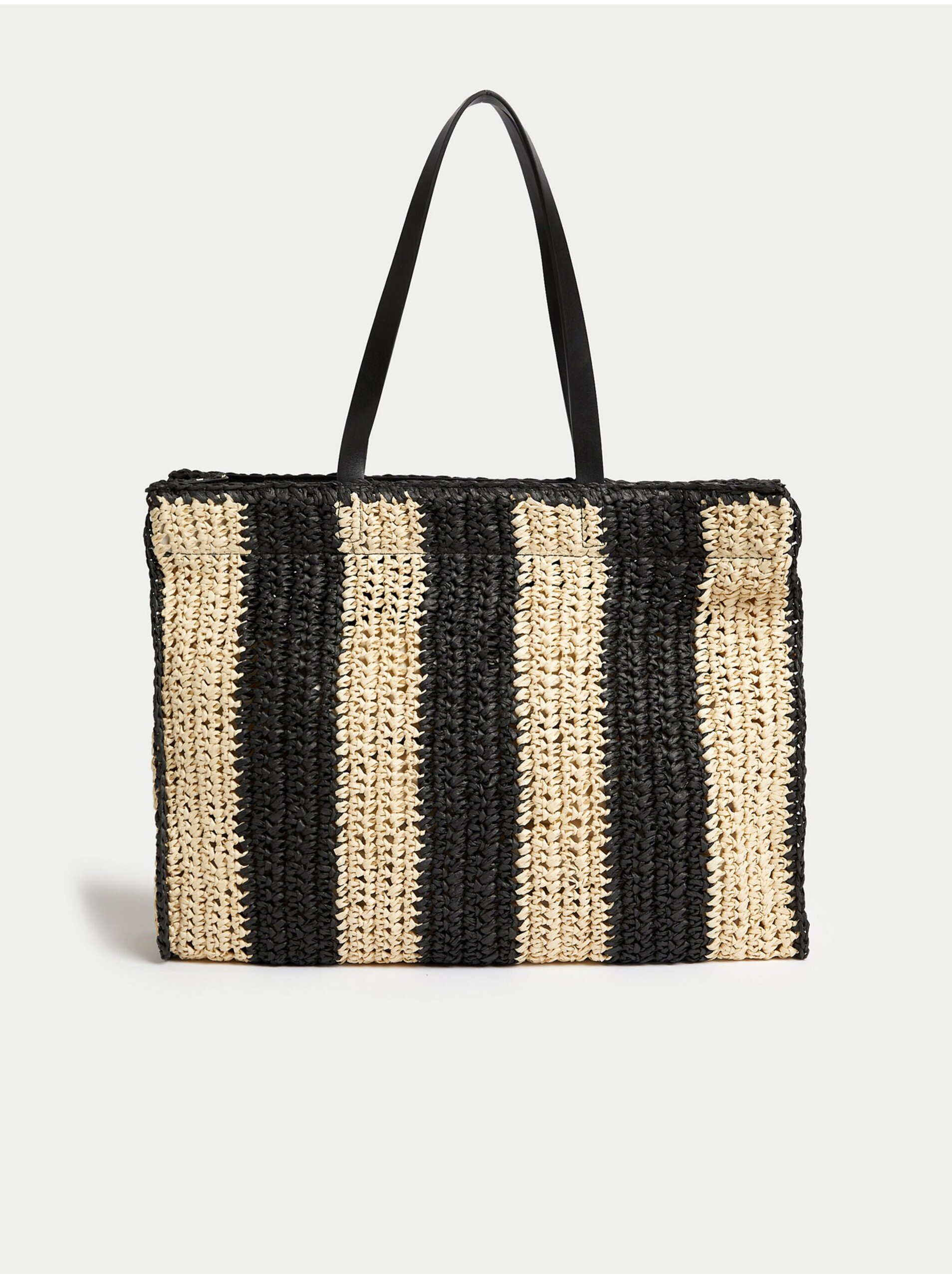 Levně Béžovo-černá dámská pruhovaná slaměná plážová taška Marks & Spencer
