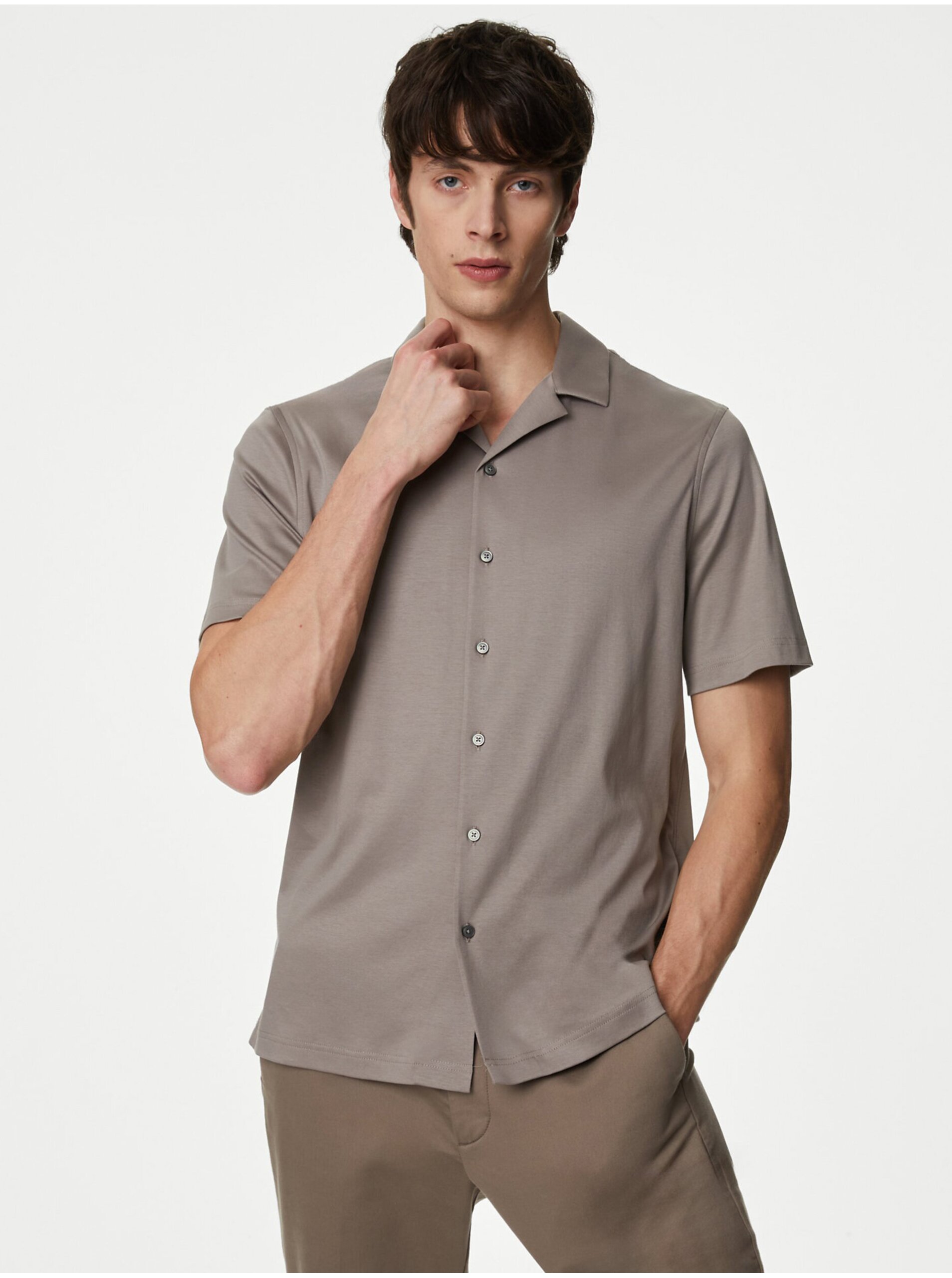 Levně Hnědá pánská košile s krátkým rukávem Marks & Spencer