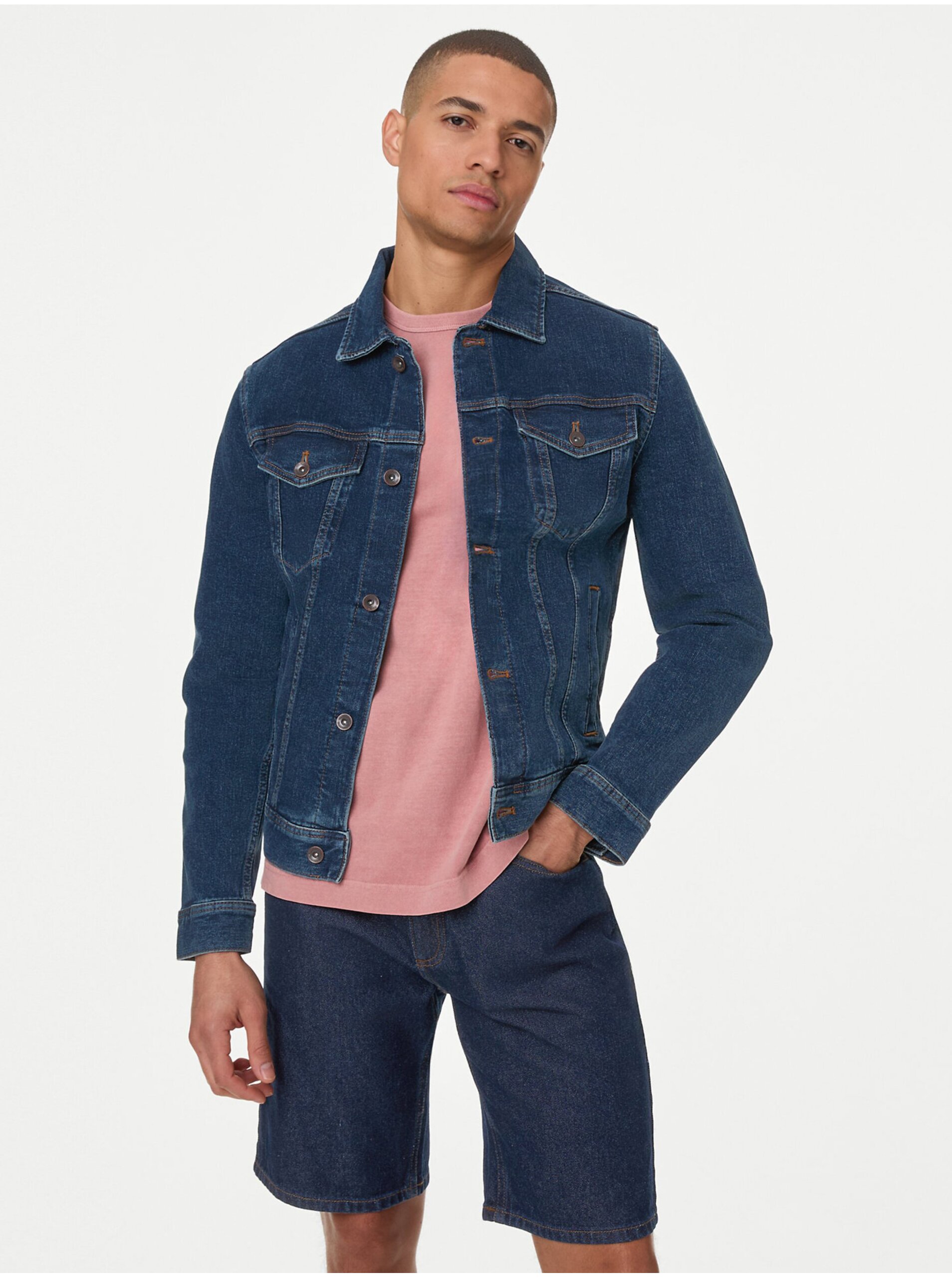 Lacno Tmavomodrá pánska džínsová bunda Marks & Spencer