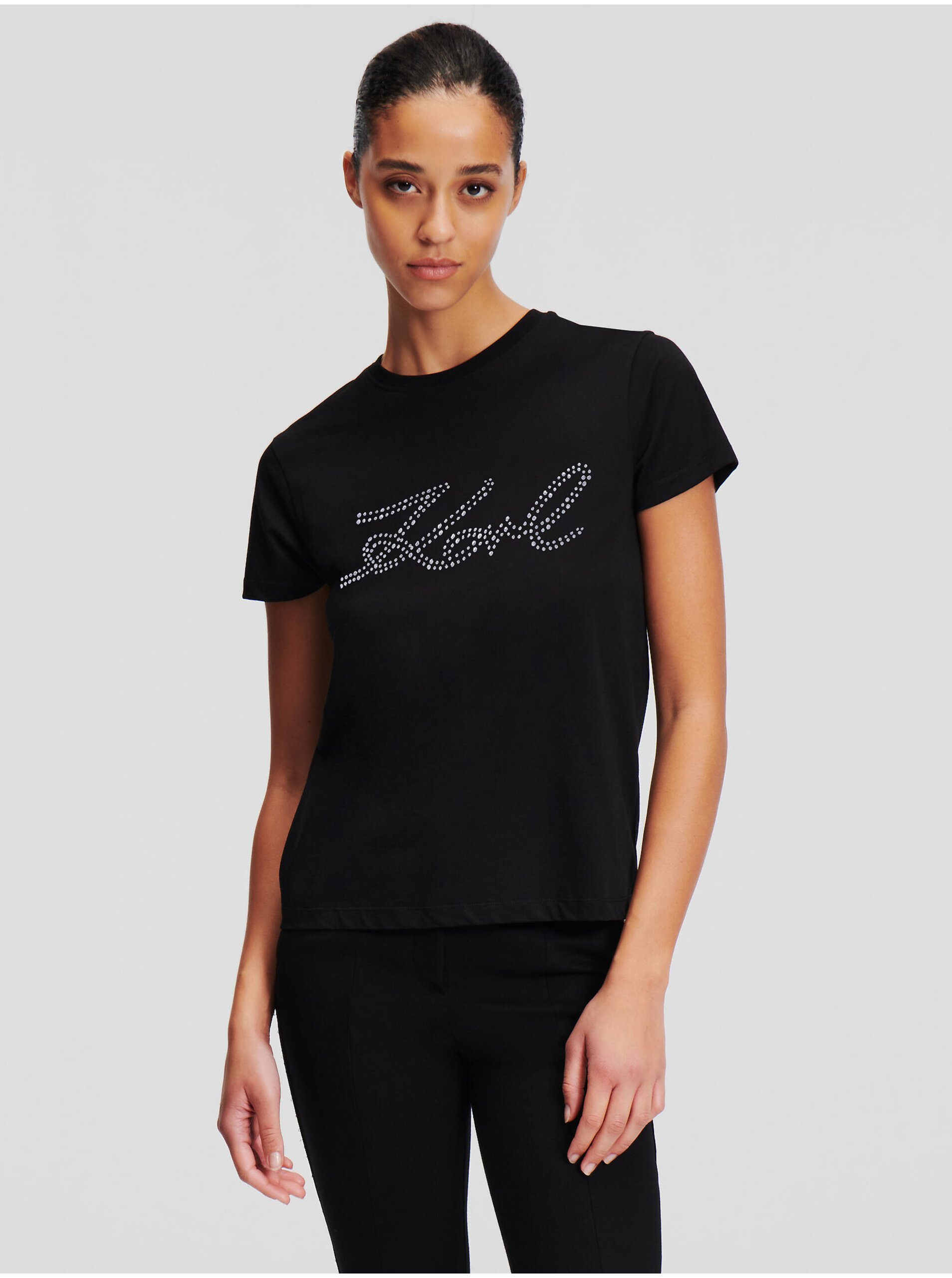 Levně Černé dámské tričko KARL LAGERFELD Rhinestone Logo