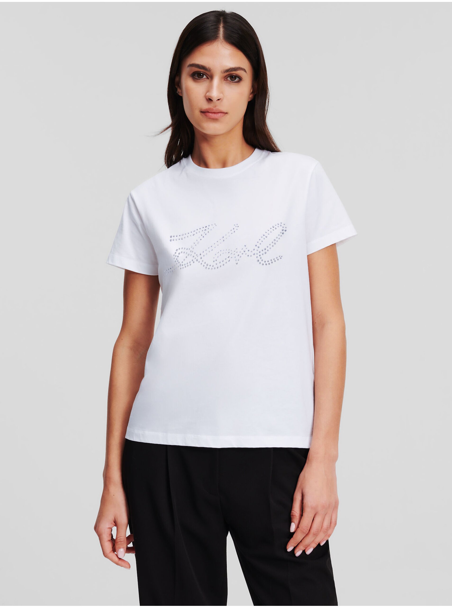Levně Bílé dámské tričko KARL LAGERFELD Rhinestone Logo