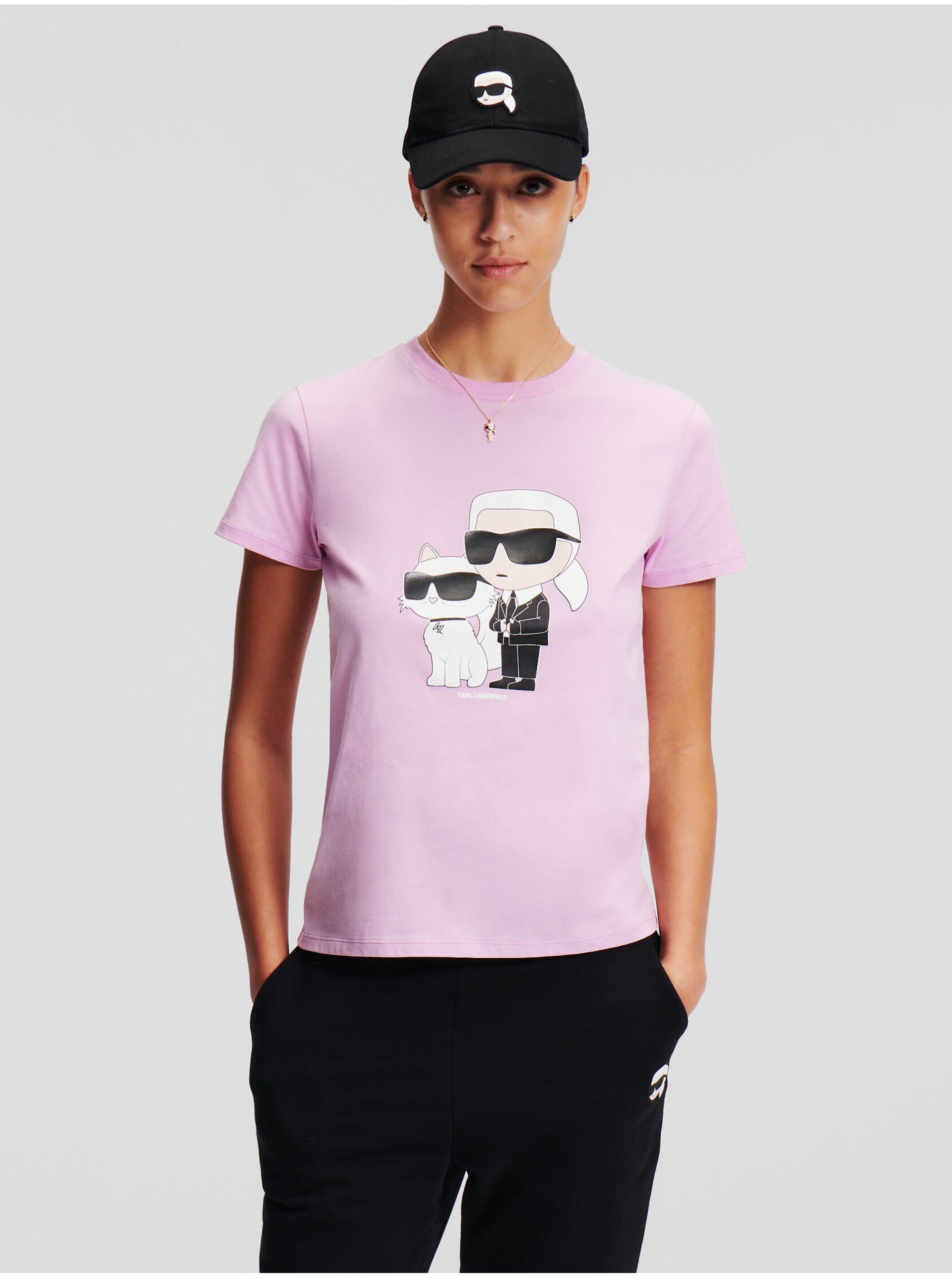 Levně Světle růžové dámské tričko KARL LAGERFELD Ikonik 2.0
