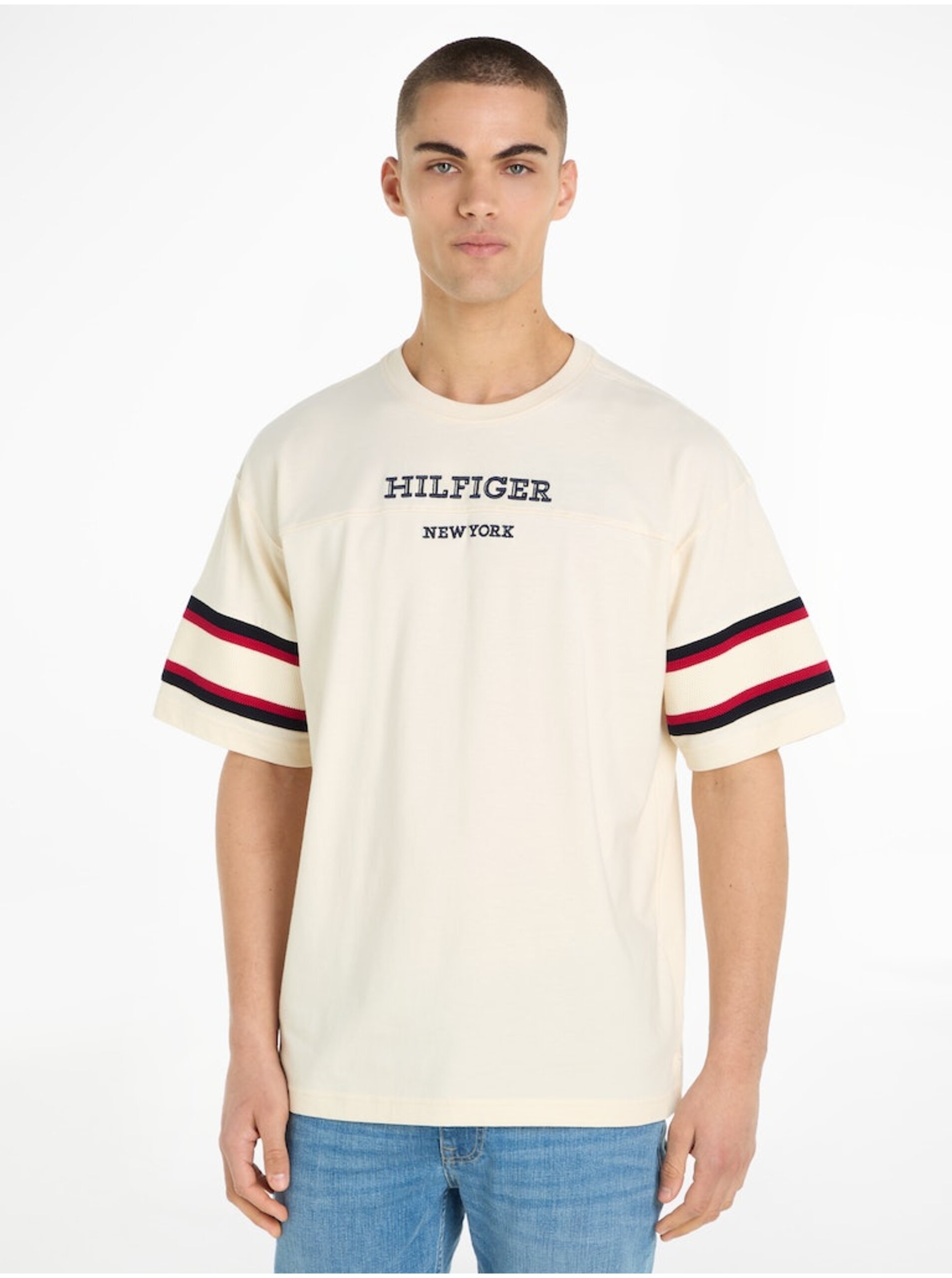 Levně Béžové pánské tričko Tommy Hilfiger Monotype Sleeve Colourblock