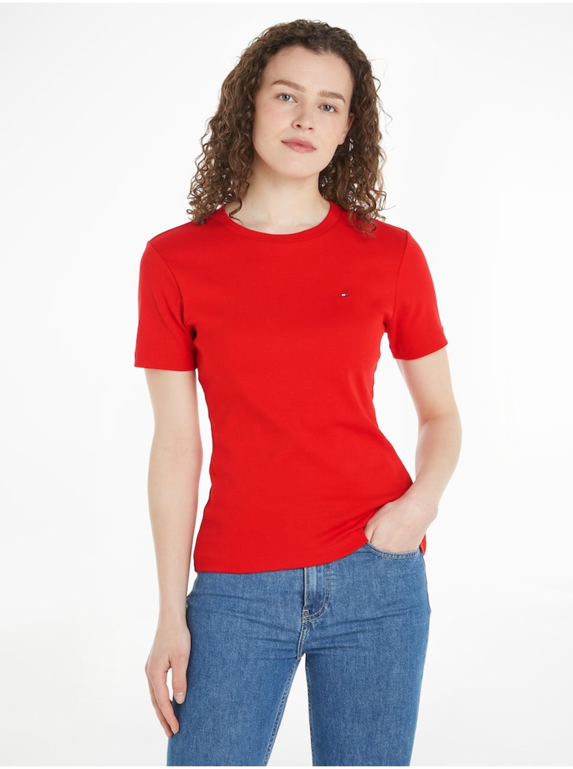 Lacno Červené dámske tričko Tommy Hilfiger Slim Cody