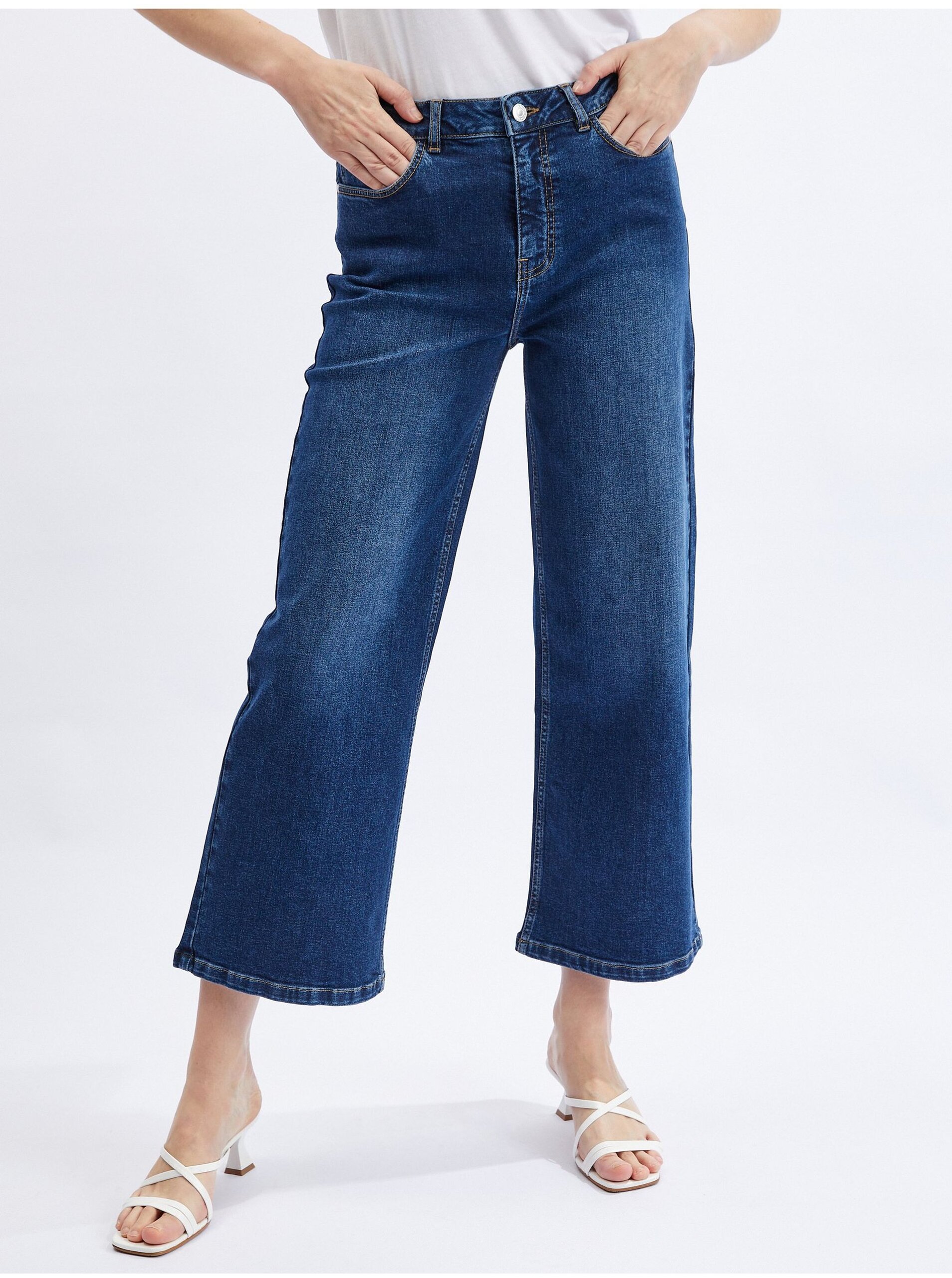 E-shop Tmavě modré dámské zkrácené flared fit džíny ORSAY