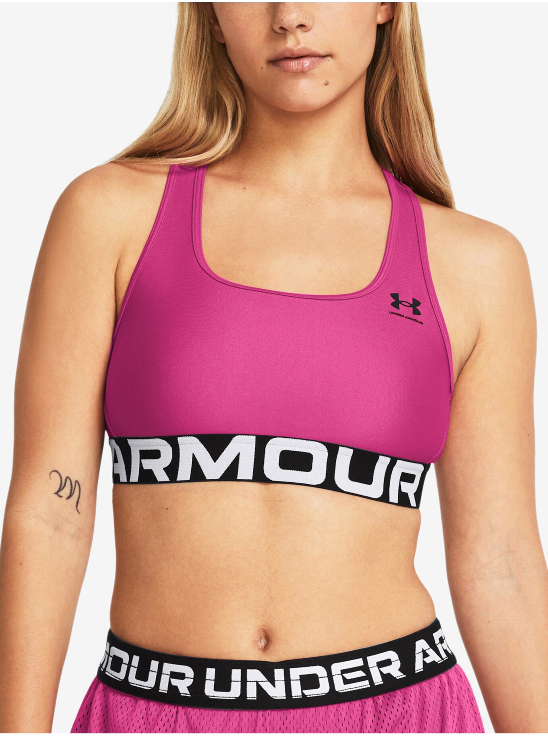 Růžová dámská sportovní podprsenka Under Armour UA HG Authentics Mid Branded