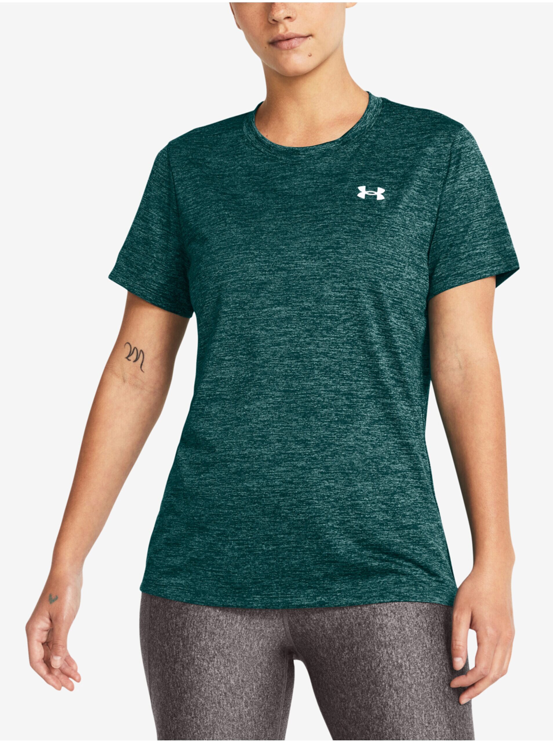 Levně Tmavě zelené dámské žíhané tričko Under Armour Tech SSC- Twist