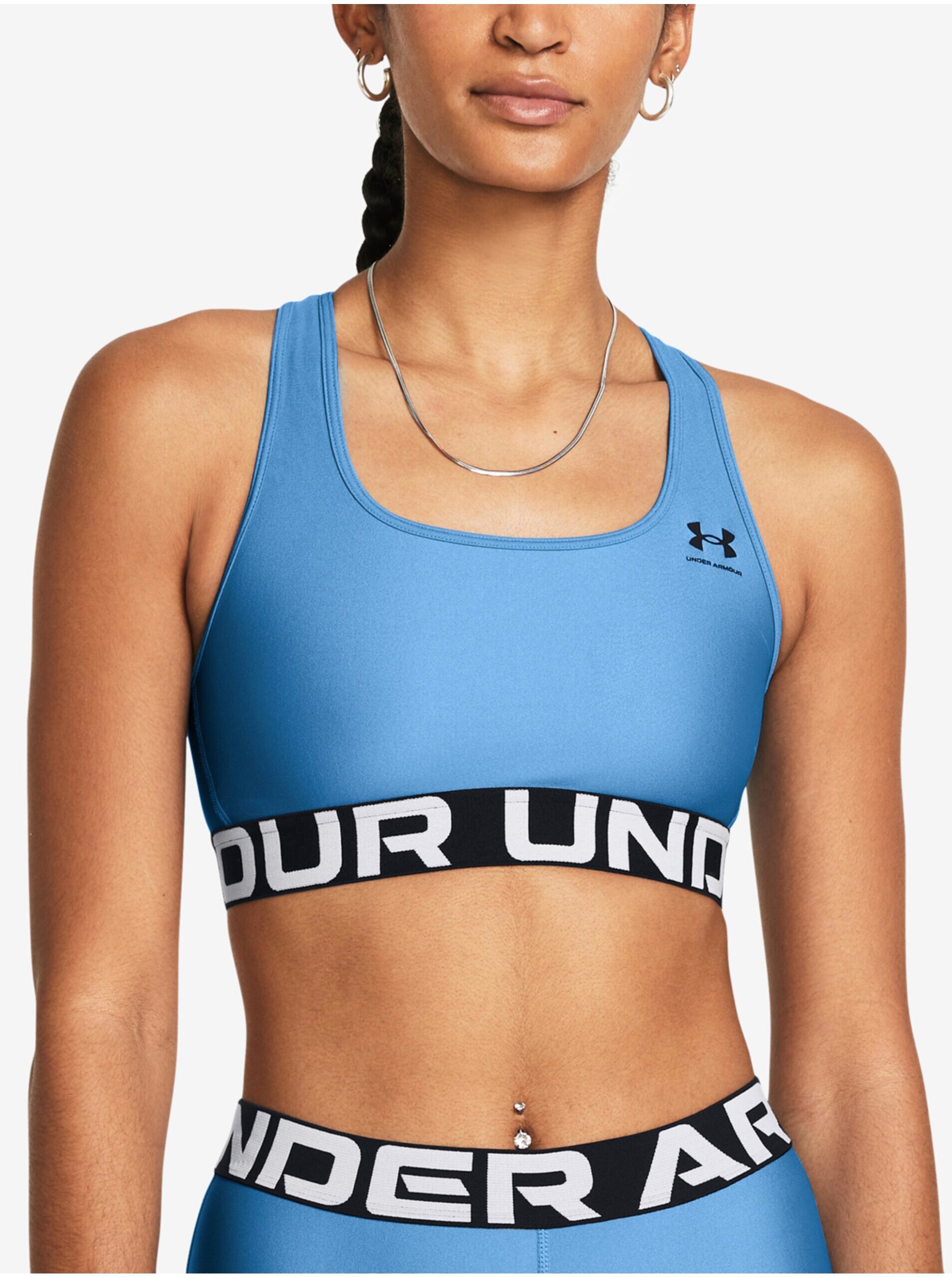 Levně Světle modrá dámská sportovní podprsenka Under Armour UA HG Authentics Mid Branded
