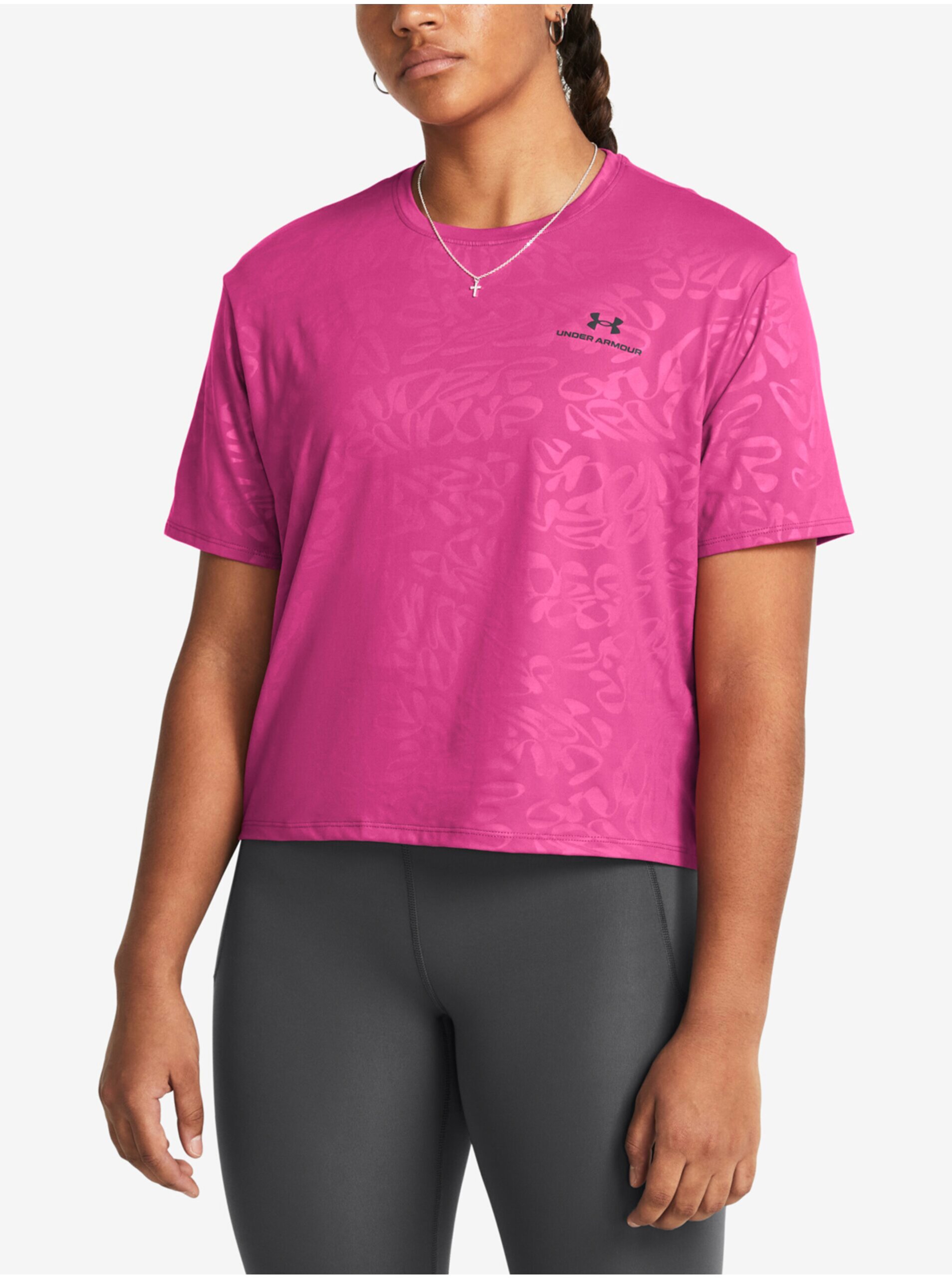 Levně Tmavě růžové dámské sportovní tričko Under Armour Vanish Energy Emboss Crop SS