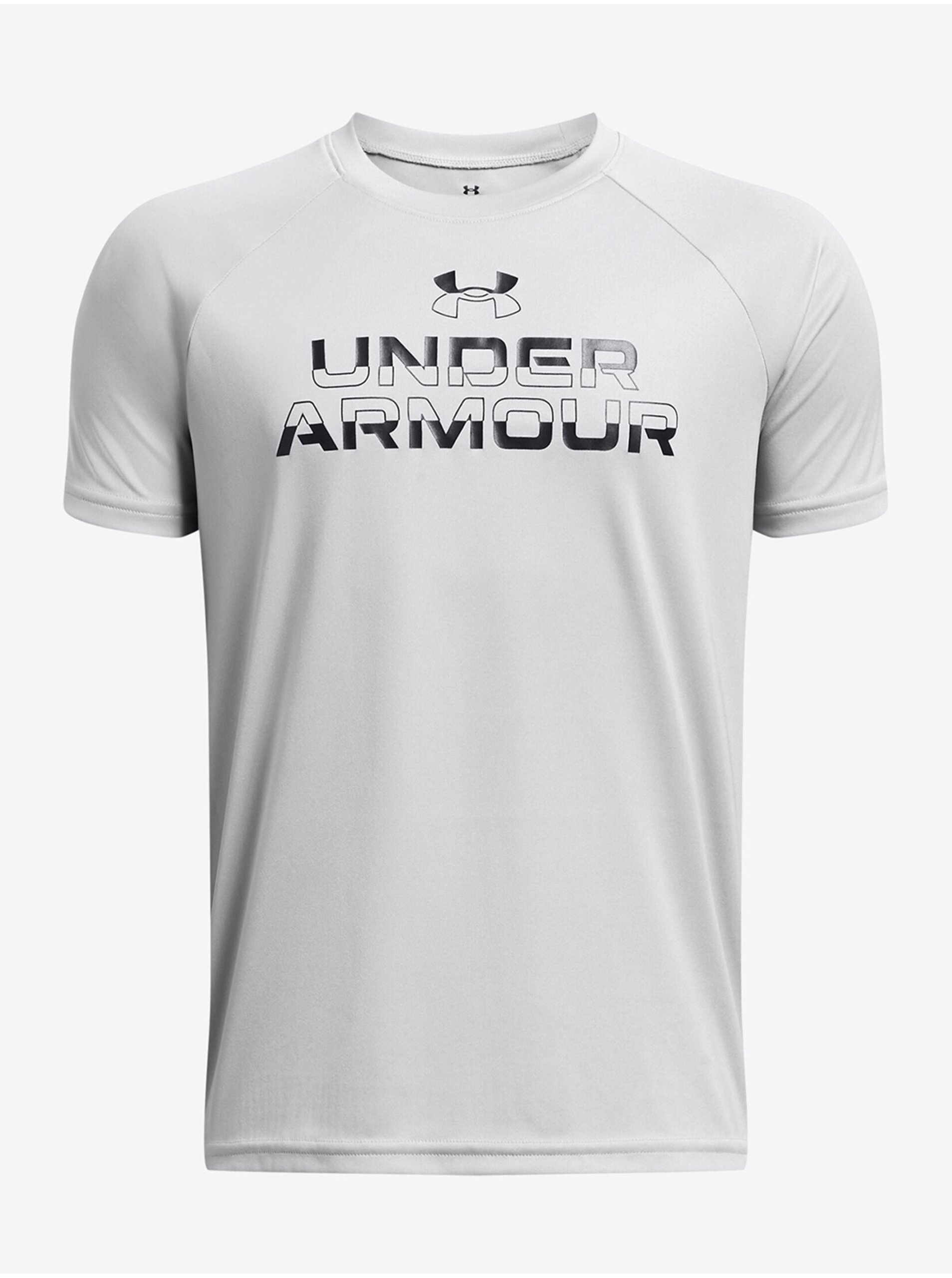 Levně Světle šedé klučičí tričko Under Armour UA Tech Split Wordmark SS