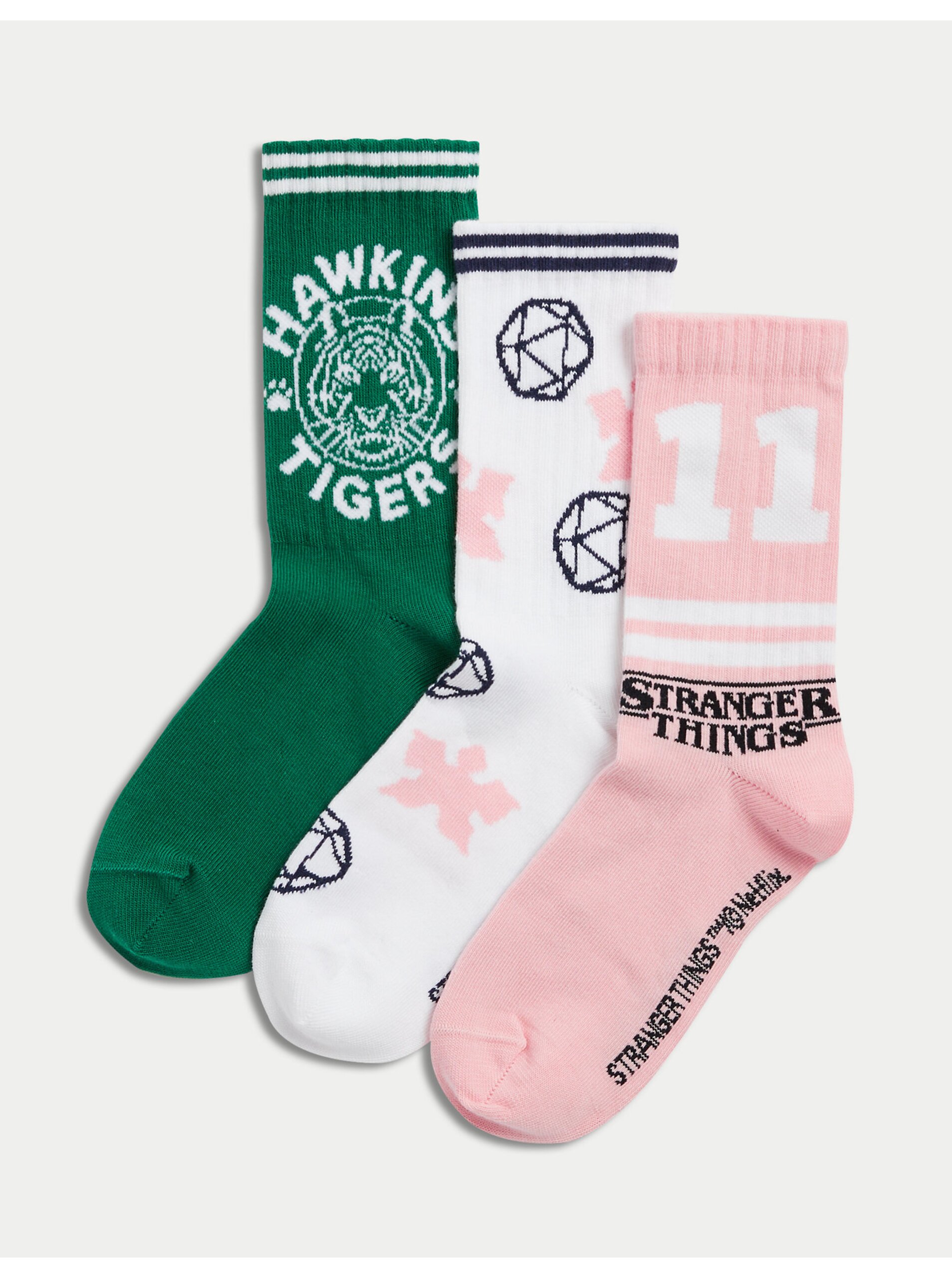 Lacno Sada troch párov dievčenských ponožiek v ružovej, bielej a zelenej farbe s motívom Marks & Spencer Stranger Things™