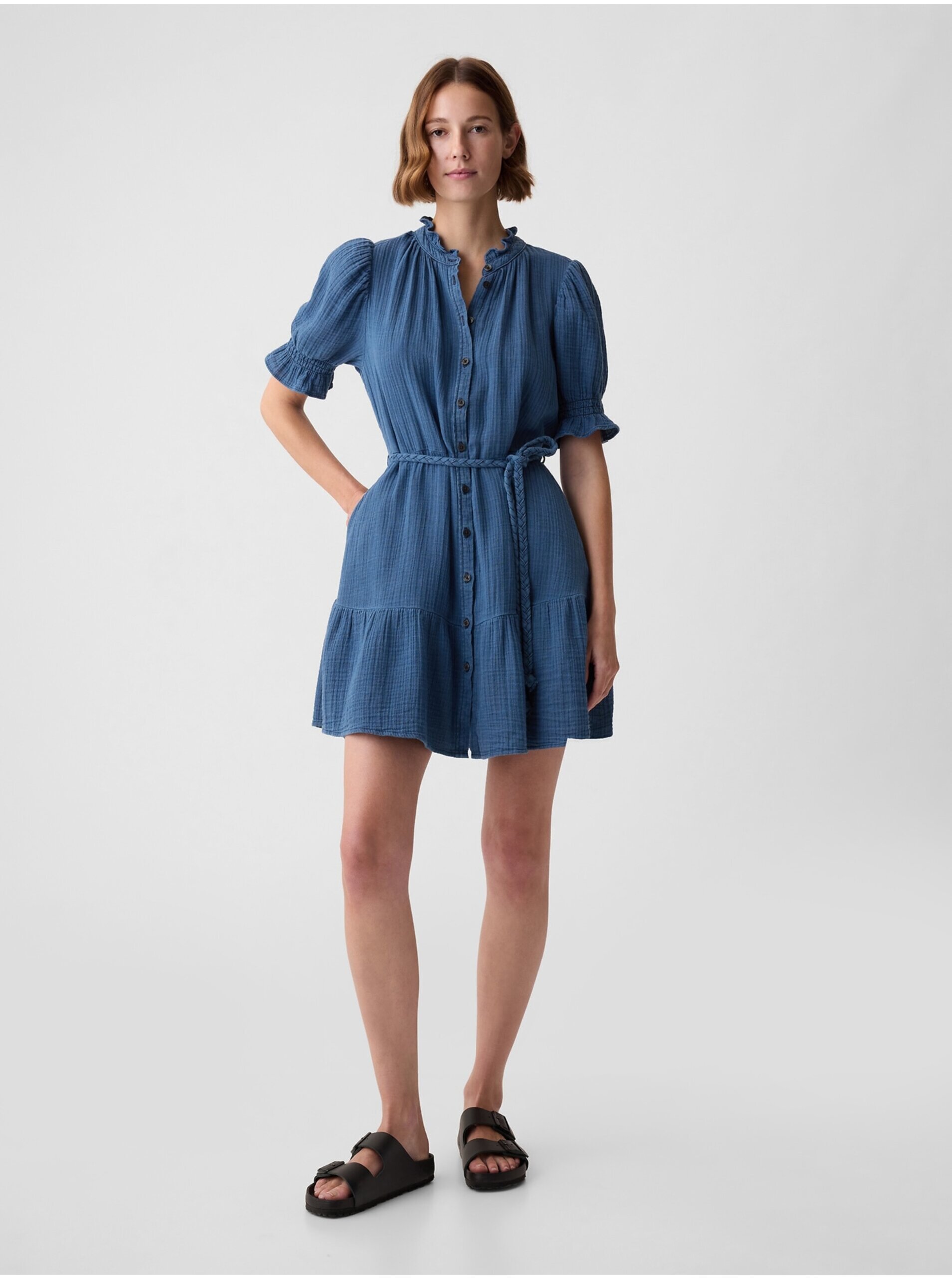 E-shop Tmavě modré dámské mušelínové mini šaty GAP