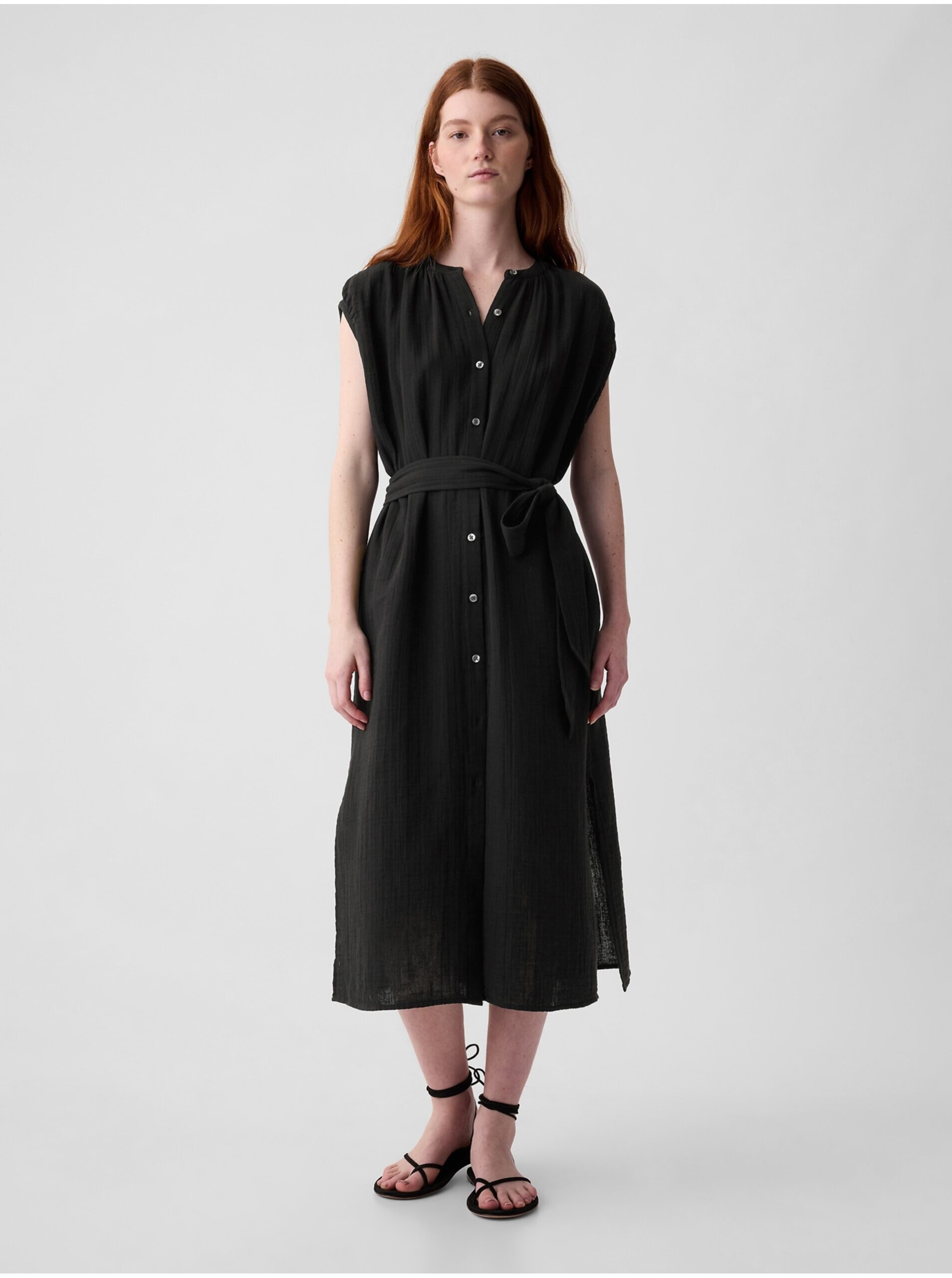 Šaty GAP Shortsleeve Gauze Tie Waist Button Down Midi Dress Black L