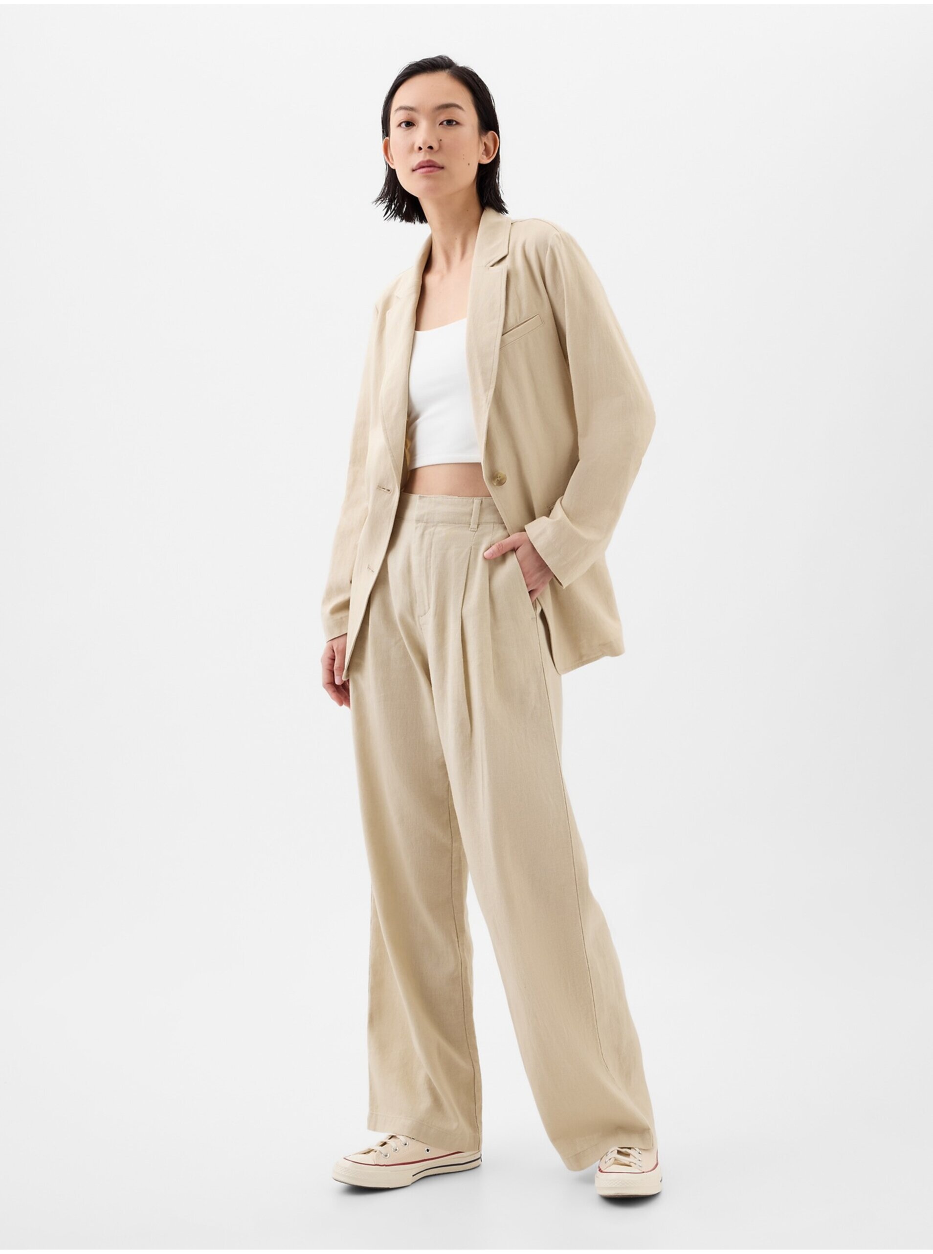 E-shop Béžové dámské široké lněné kalhoty GAP