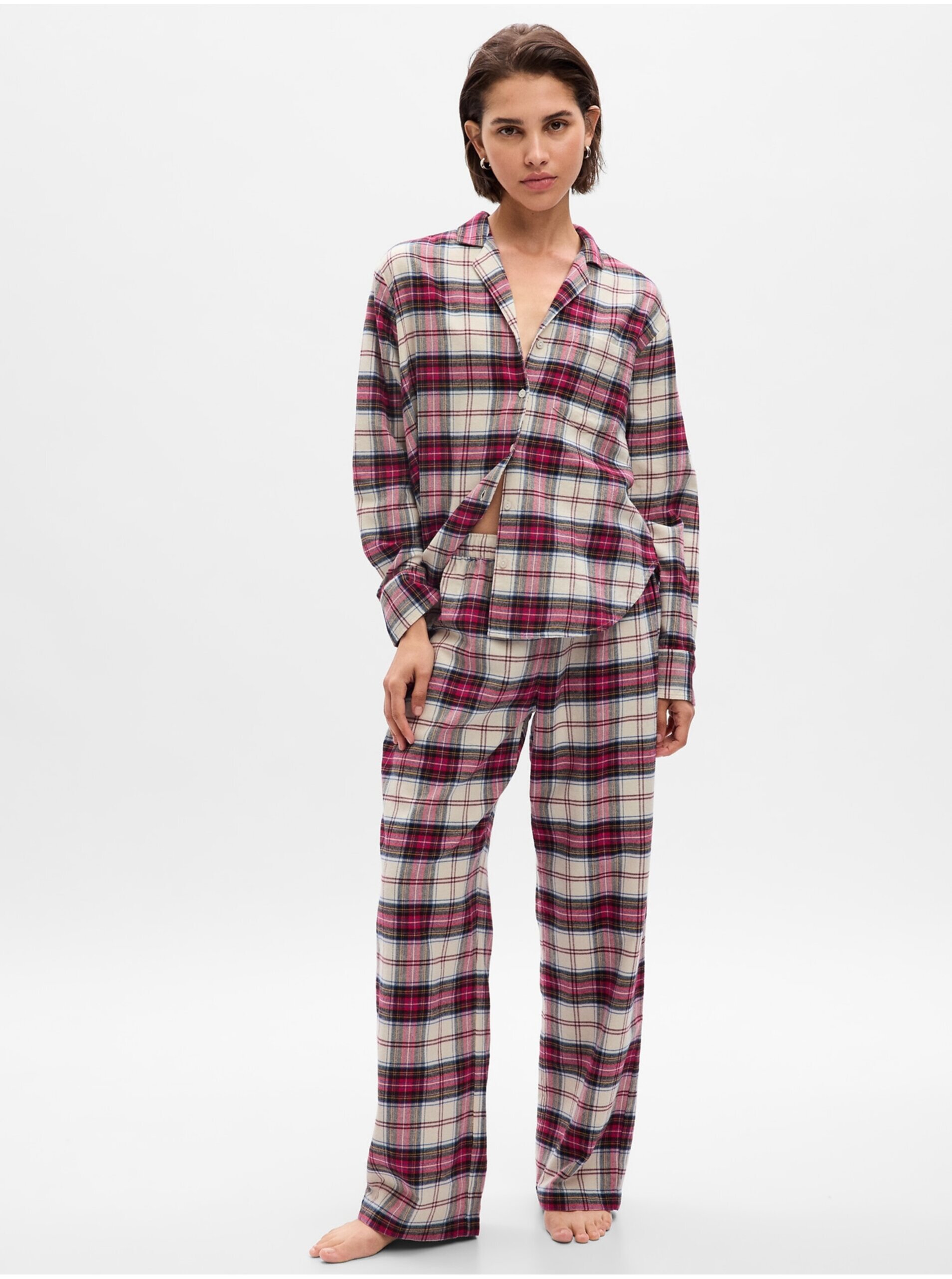 E-shop Krémovo-červené dámske flanelové pyžamo GAP