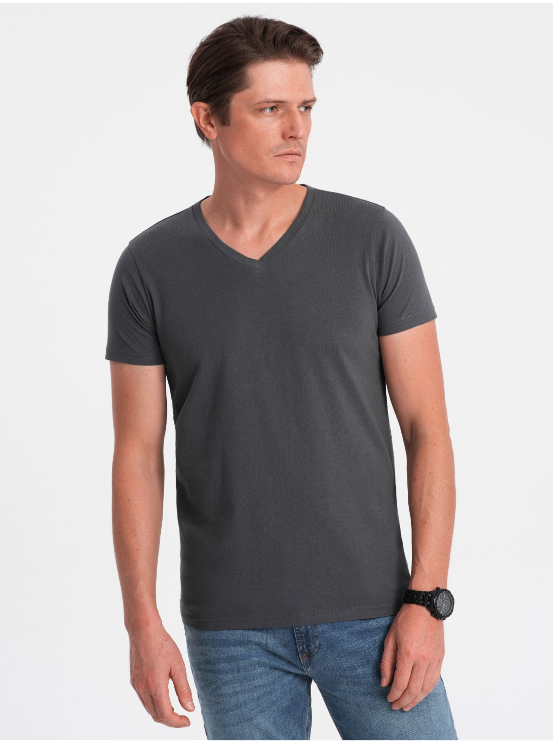 Levně Tmavě šedé pánské basic tričko s véčkovým výstřihem Ombre Clothing