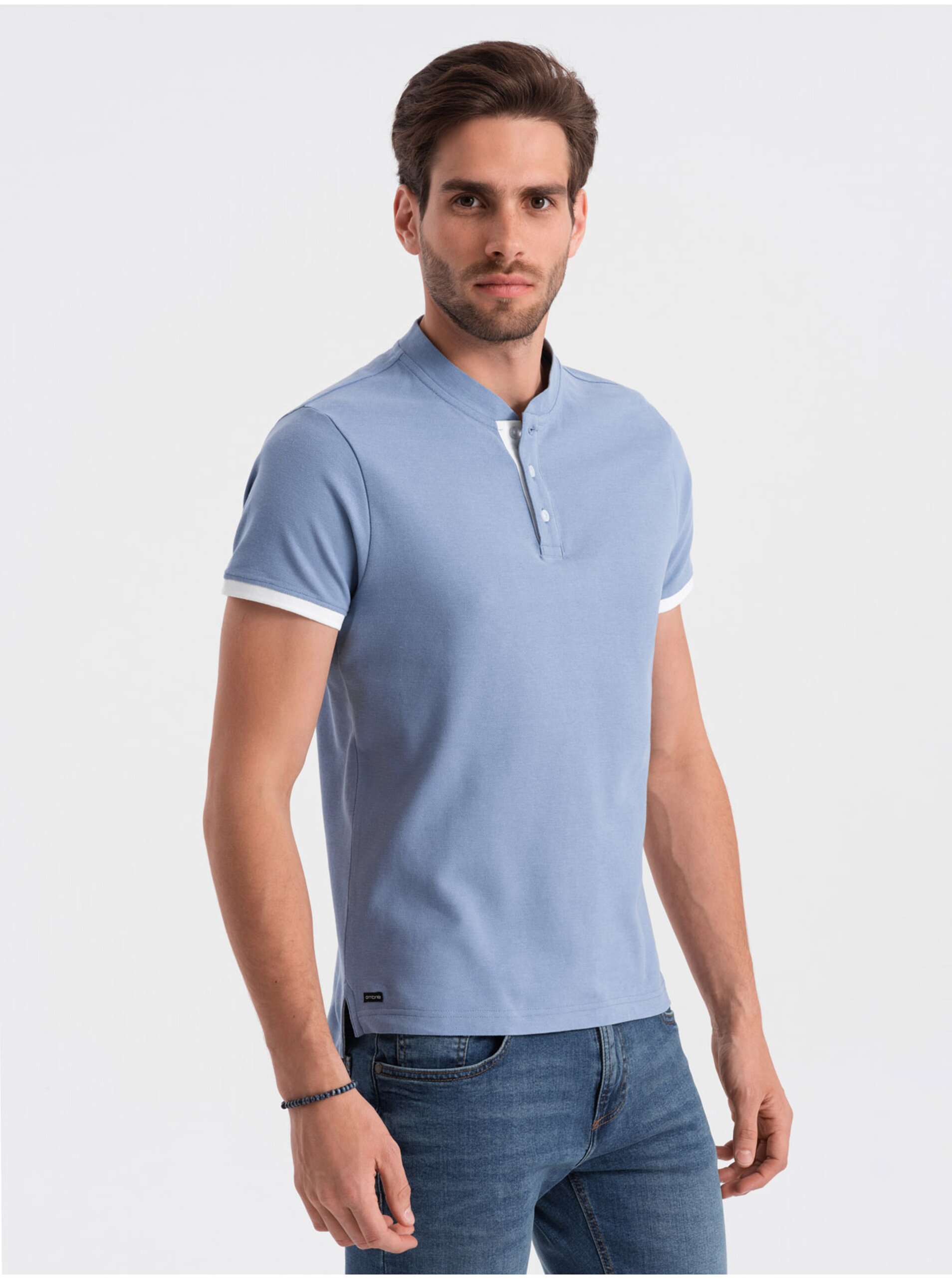 Levně Světlě modré pánské polo tričko Ombre Clothing