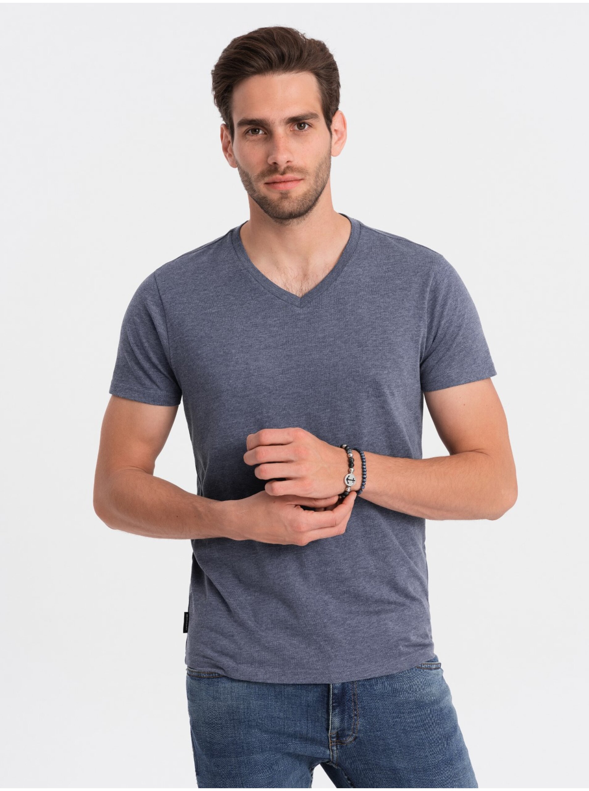 Levně Šedomodré pánské basic tričko s véčkovým výstřihem Ombre Clothing