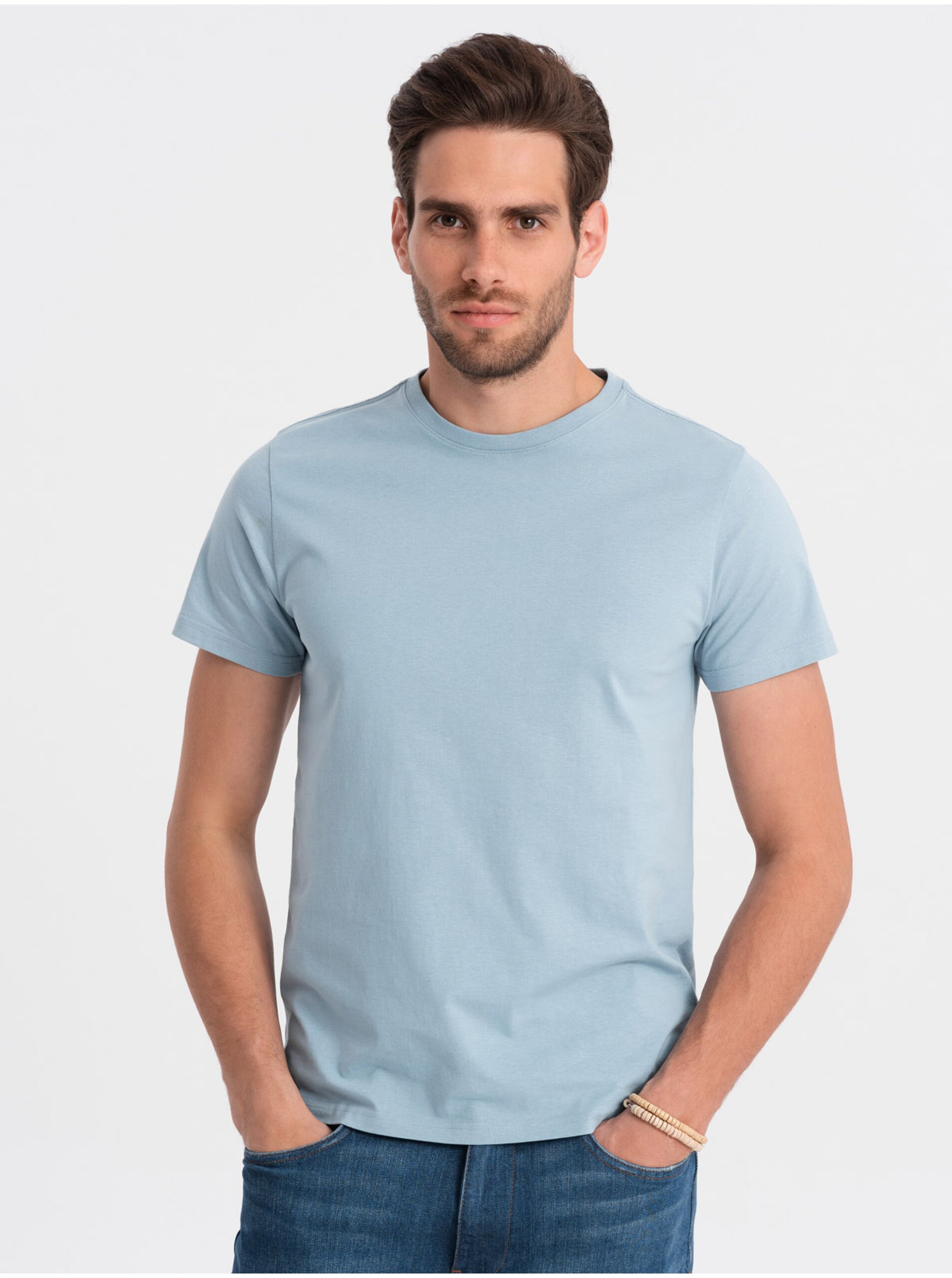 Levně Světle modré pánské basic tričko Ombre Clothing