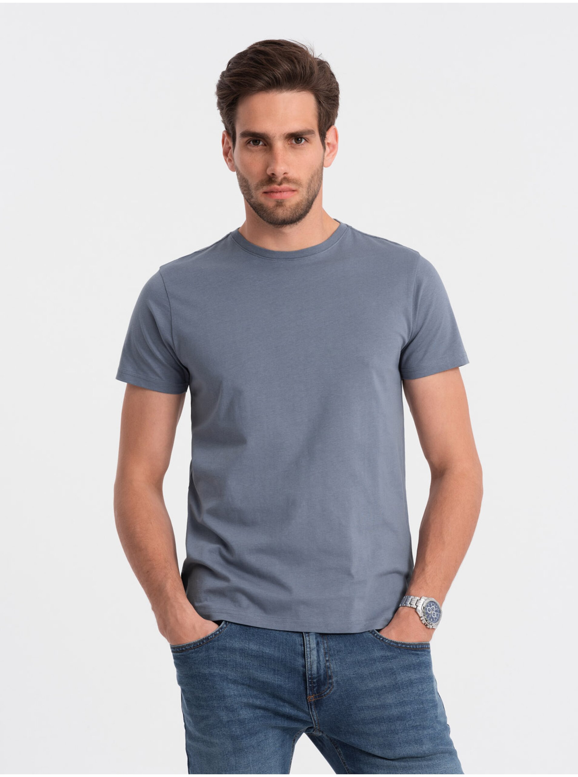 Lacno Sivomodré pánske basic tričko Ombre Clothing