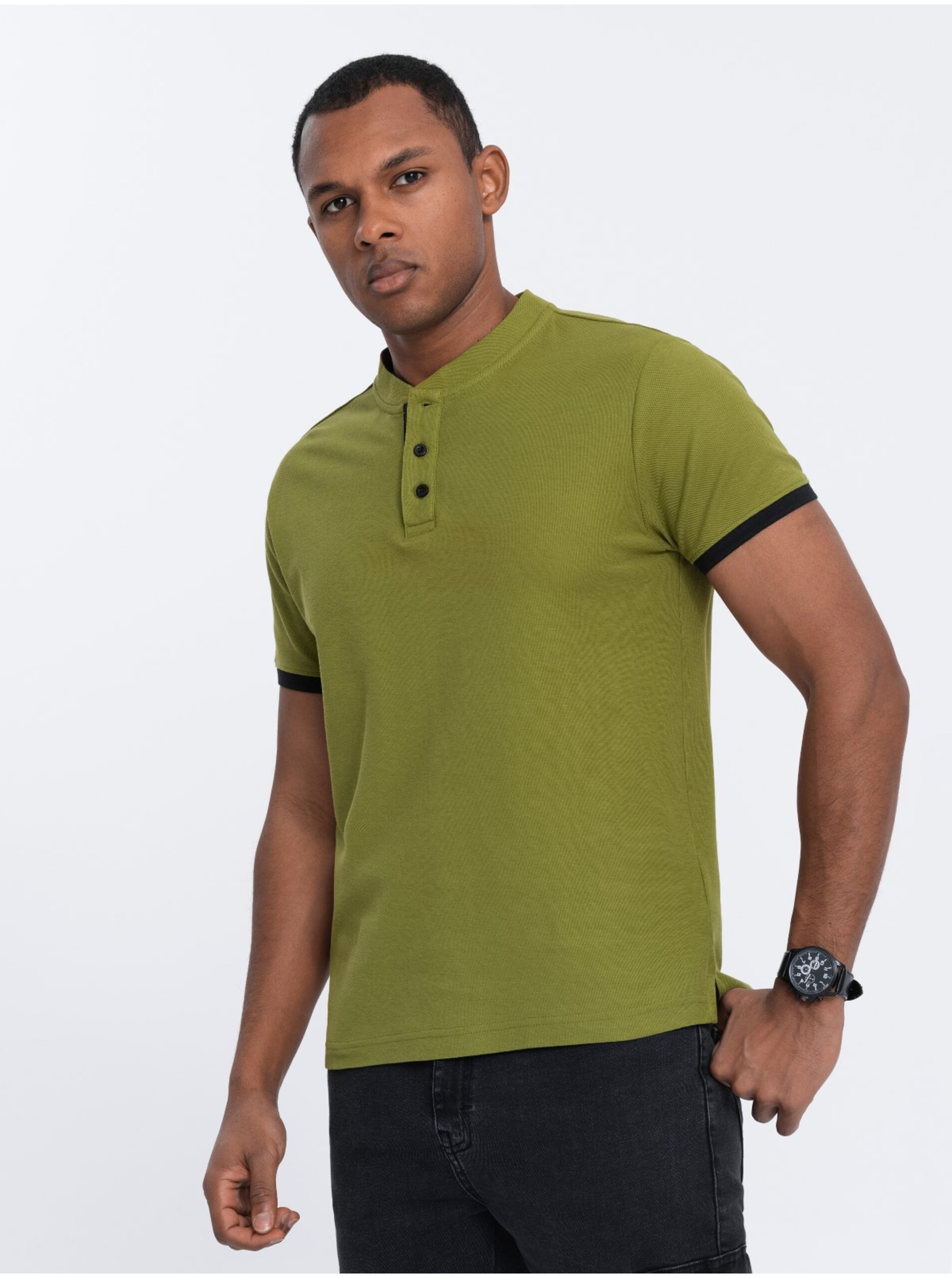 Levně Světle zelené pánské polo tričko Ombre Clothing