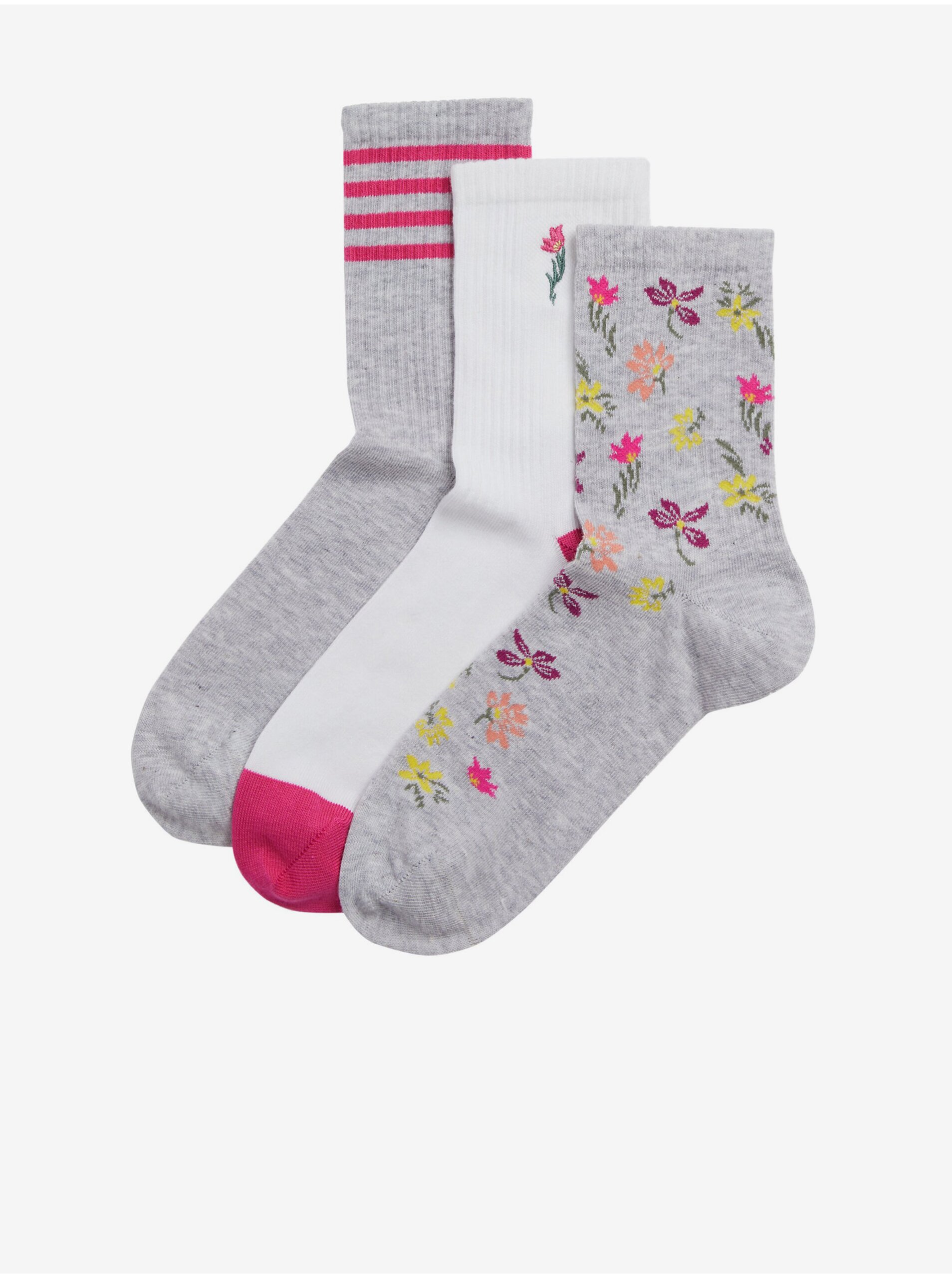 Levně Sada tří párů dámských ponožek v šedé, bílé a růžové barvě Marks & Spencer