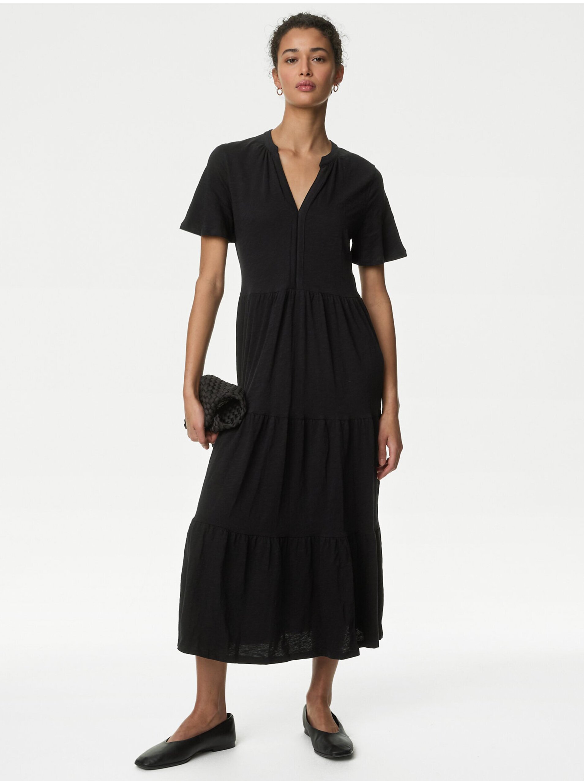 Levně Černé dámské žerzejové midi šaty s volánem Marks & Spencer