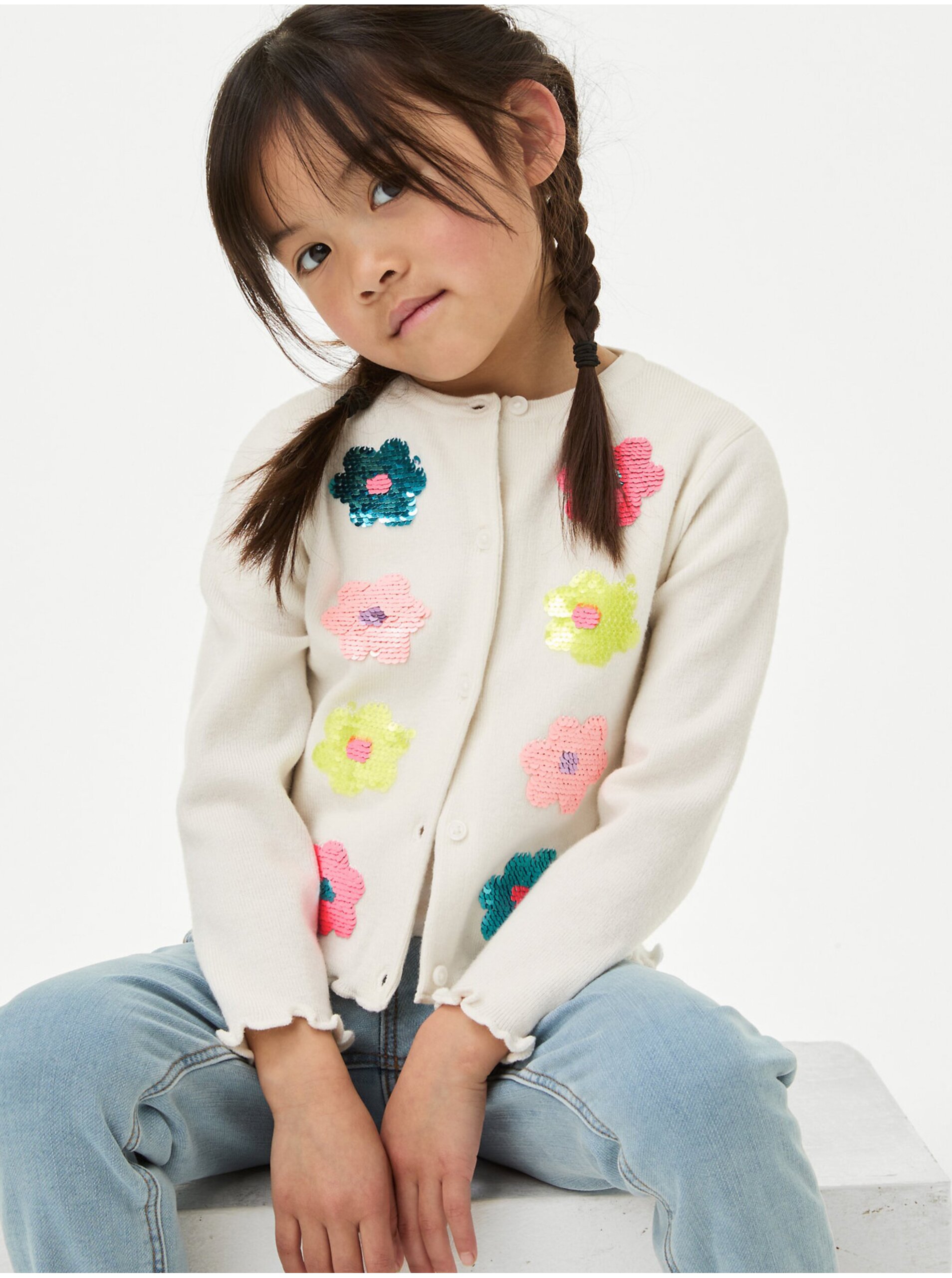 E-shop Krémový holčičí květovaný kardigan s flitry Marks & Spencer