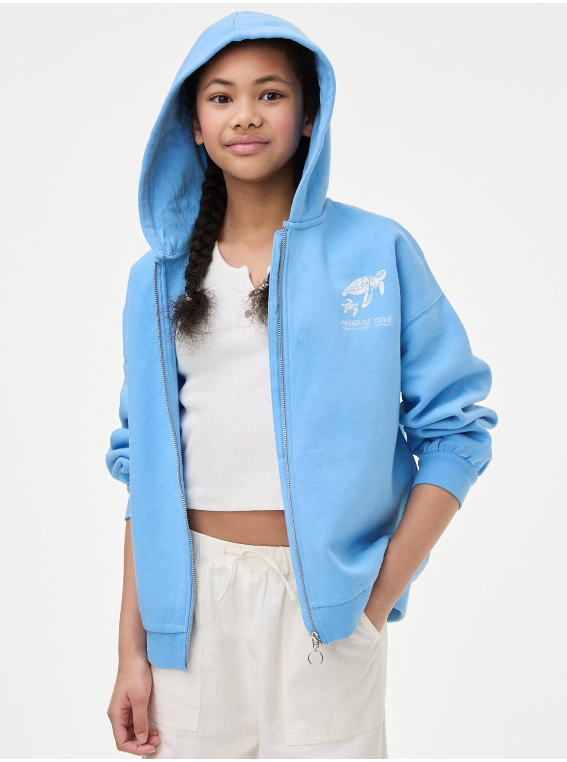 Levně Světle modrá holčičí mikina na zip s kapucí Marks & Spencer