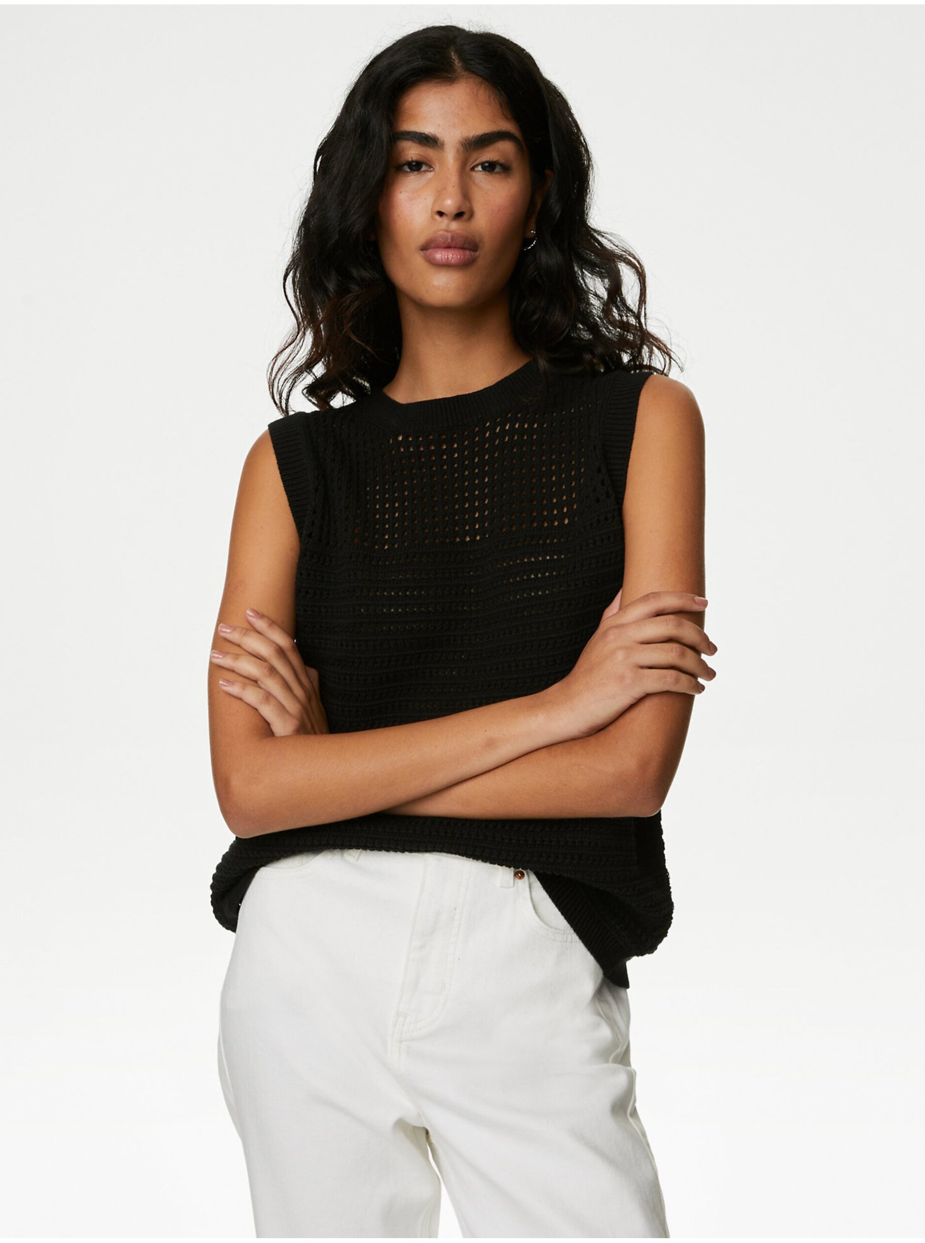 Levně Černé dámské pletené tílko s vysokým podílem bavlny Marks & Spencer
