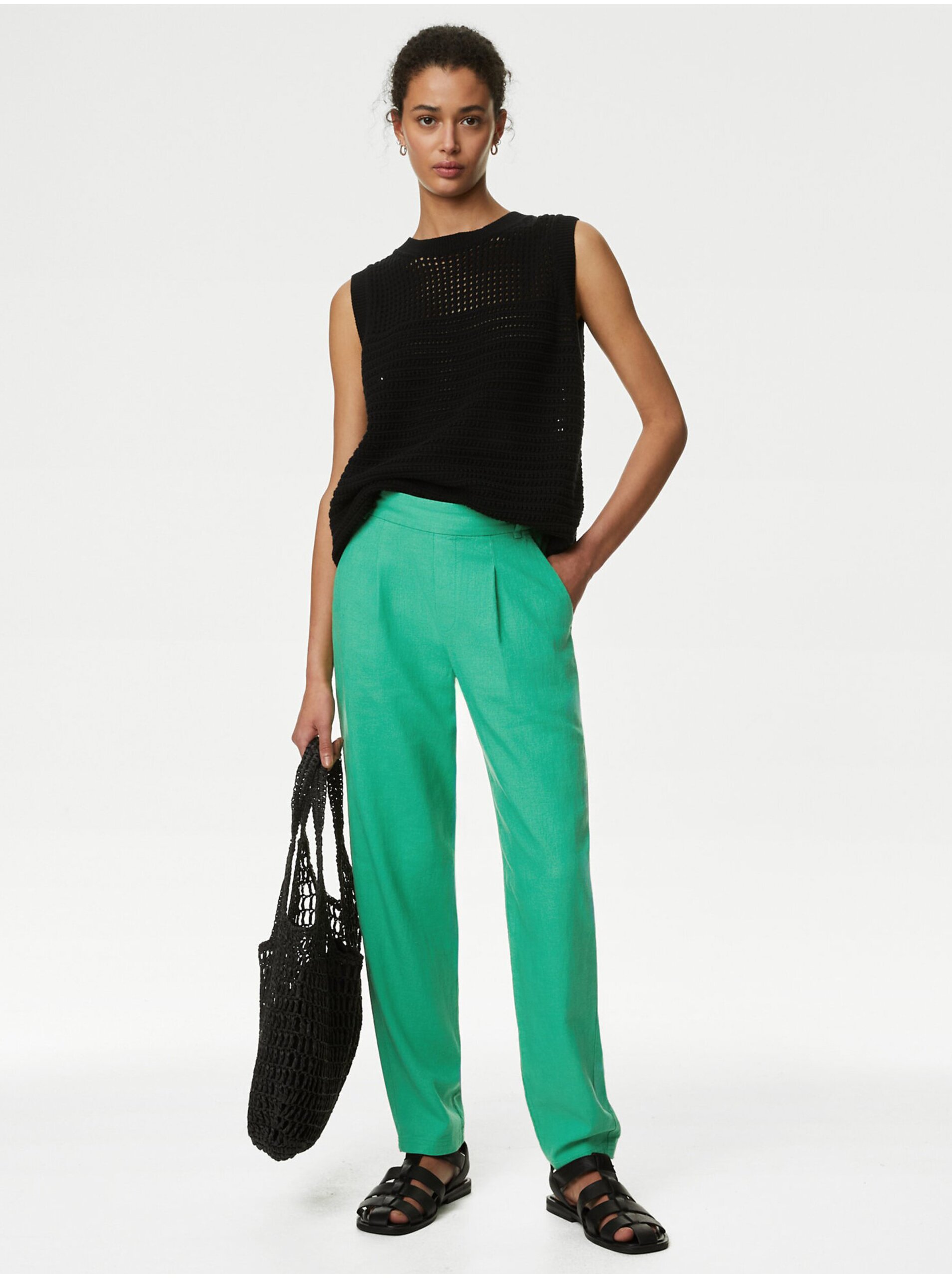 Levně Zelené dámské kalhoty s příměsí lnu Marks & Spencer
