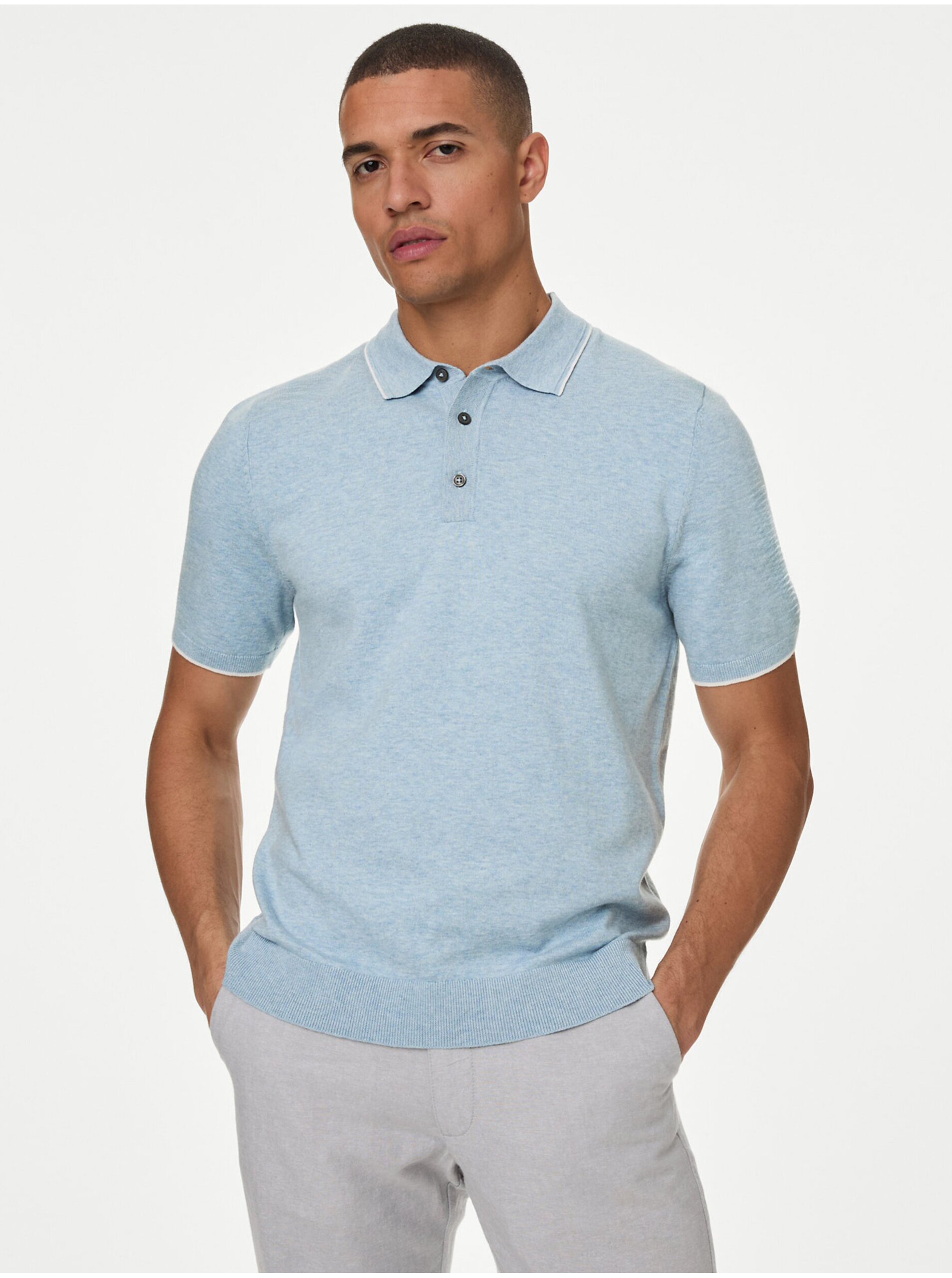 Levně Světle modré pánské polo tričko Marks & Spencer