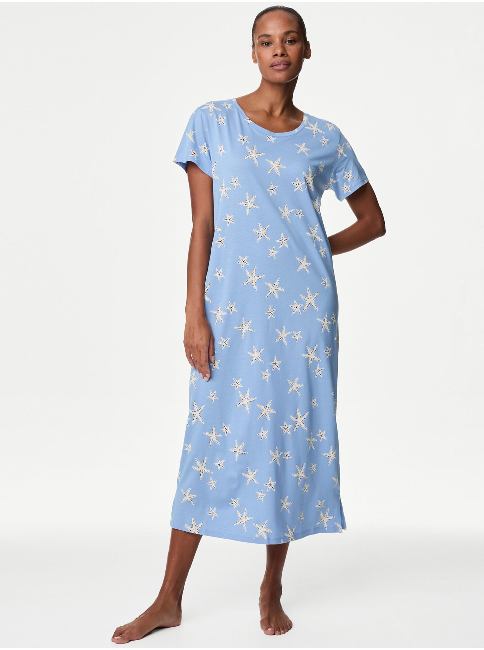 Lacno Svetlomodrá dámska vzorovaná nočná košeľa Marks & Spencer