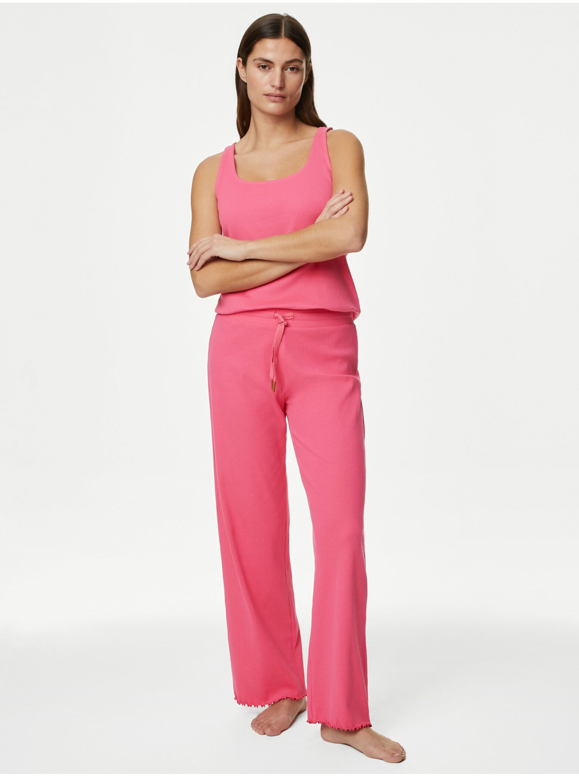 Lacno Ružové dámske rebrované pyžamové nohavice Marks & Spencer